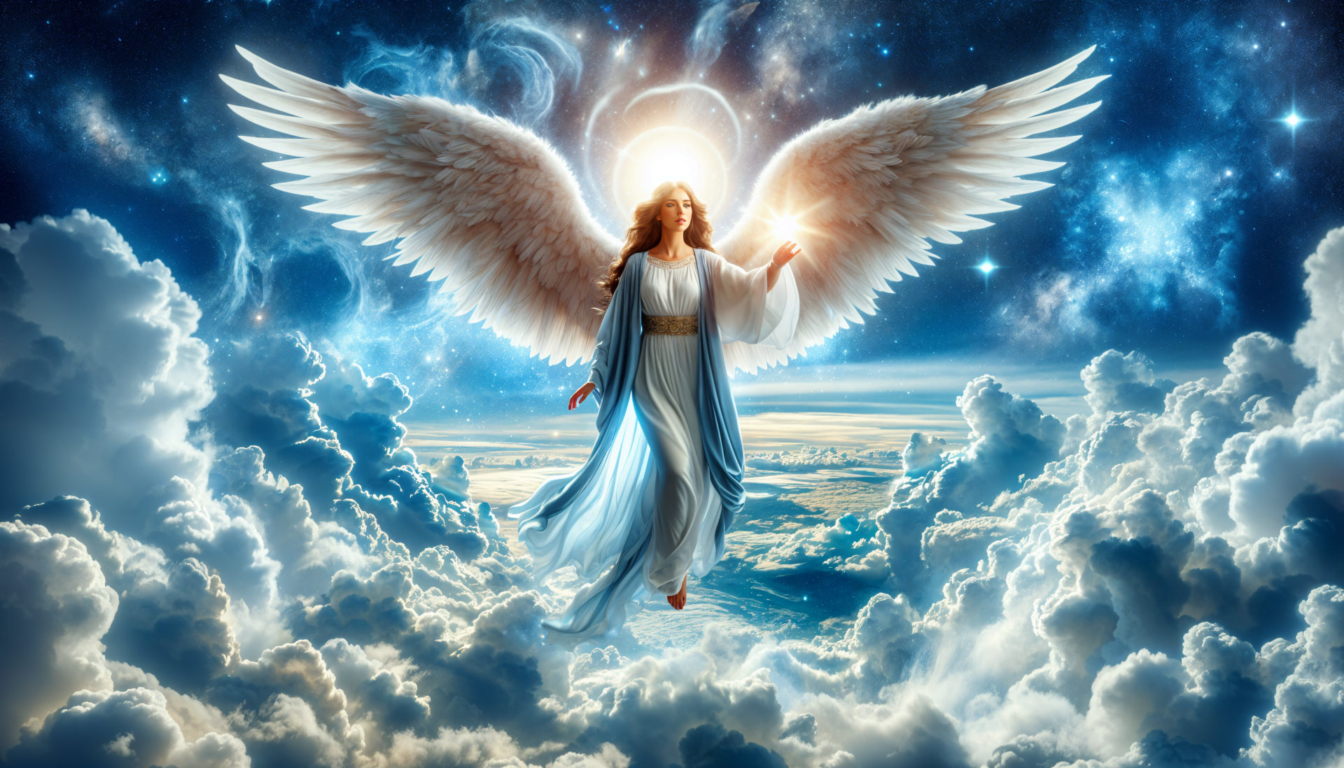 HD PC desktop wallpaper featuring a radiant angel with large wings, glowing halo, and flowing robes, surrounded by luminous clouds in a vibrant, religious sky scene.