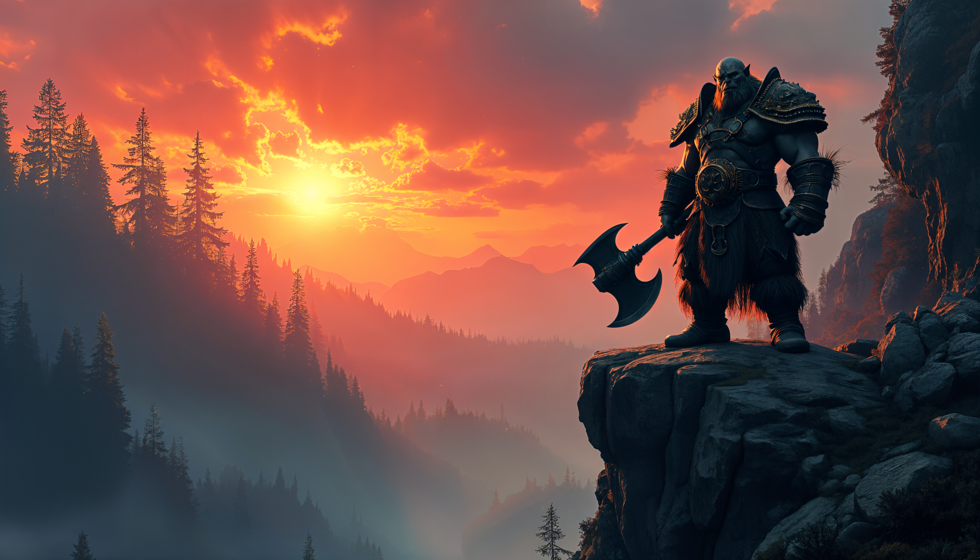 A powerful orc stands atop a rocky cliff, wielding a massive axe against a vibrant sunset backdrop, enhancing the dramatic landscape in this 4K Ultra HD desktop wallpaper.