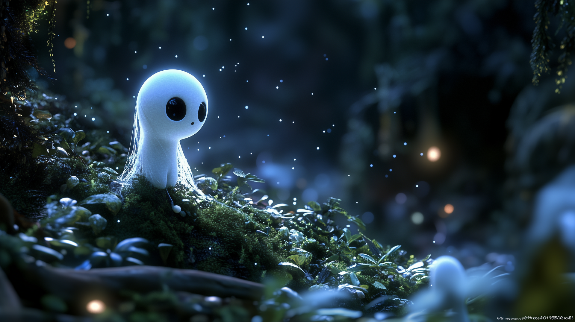 A whimsical ghost emerges from lush greenery, surrounded by soft glows and floating particles, creating an enchanting Halloween-themed HD desktop wallpaper.