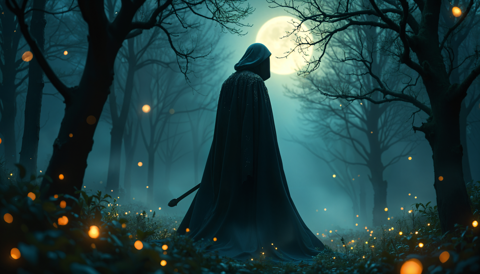 A mysterious figure in a dark cloak stands in a foggy forest, illuminated by a full moon and surrounded by glowing orbs, creating an enchanting atmosphere in this 4K Ultra HD desktop wallpaper.