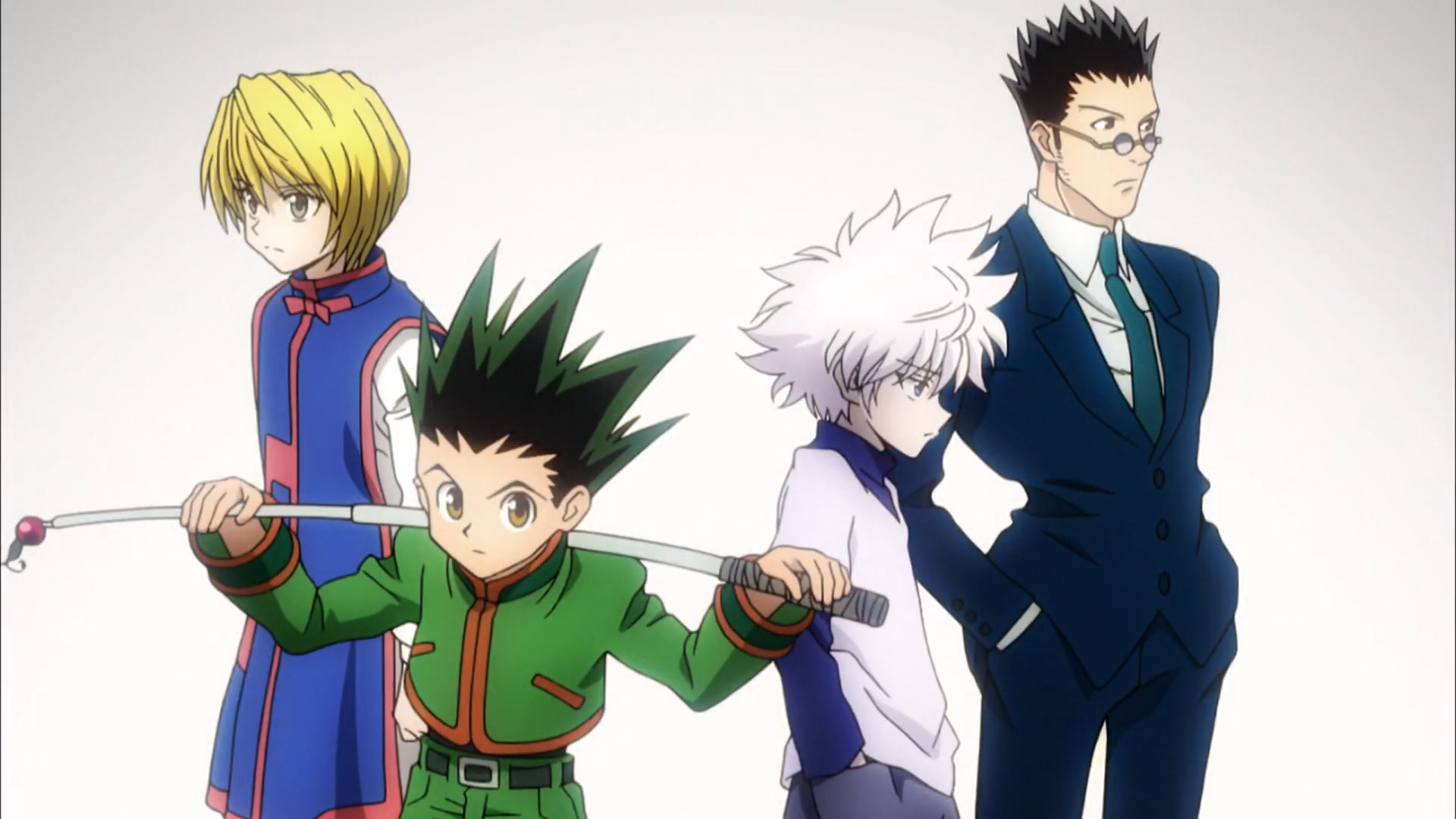 HD PC desktop wallpaper featuring main characters from Hunter x Hunter standing in a row against a plain background.