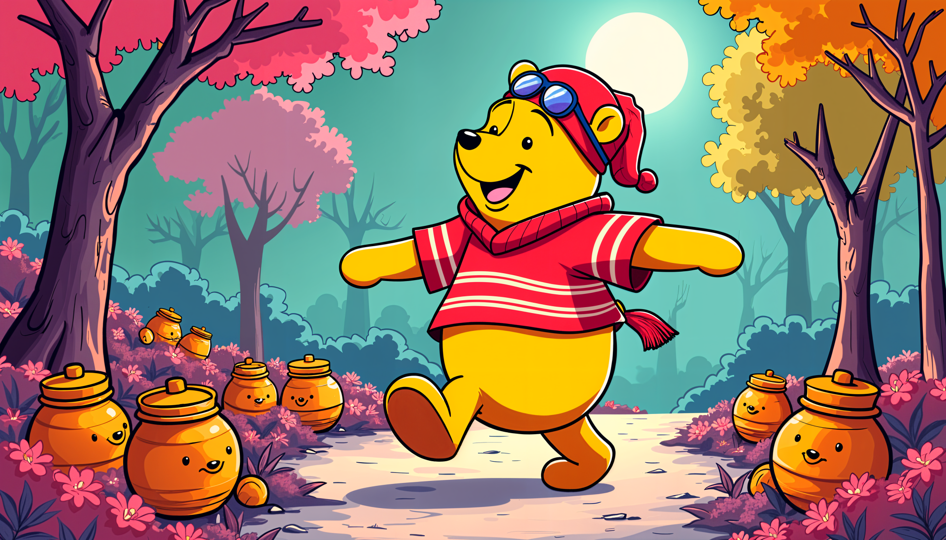 A cheerful Winnie the Pooh, dressed in a red striped sweater and hat, joyfully walks through a colorful landscape filled with honey pots, featuring vibrant trees and a glowing sun.
