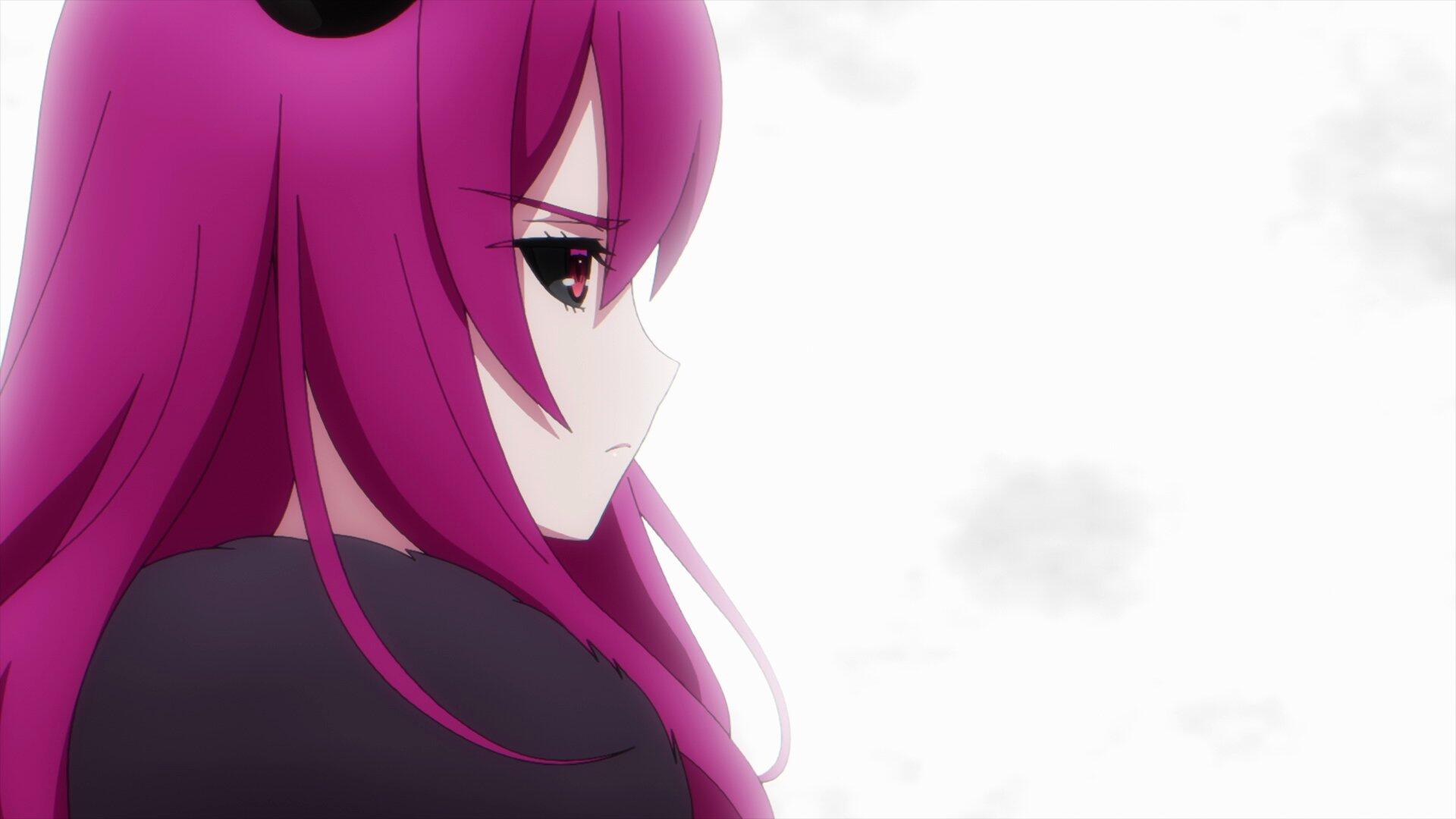 A vibrant anime scene from The Strongest Magician in the Demon Lord's Army was a Human, featuring a character with striking pink hair, set against a soft, blurred background.