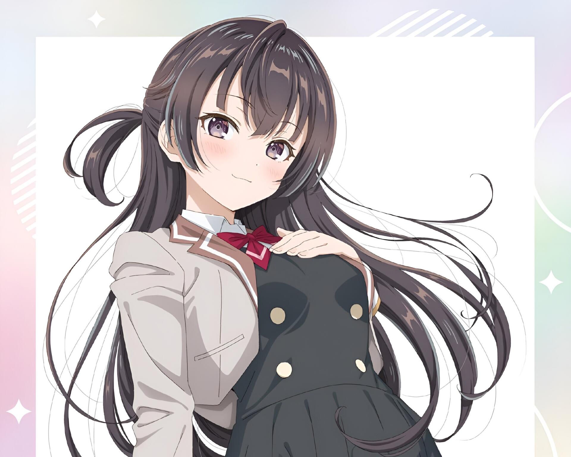 HD anime desktop wallpaper of Yuki Suou from Alya Sometimes Hides Her Feelings in Russian: long dark hair, school uniform and a shy smile against a soft pastel background.