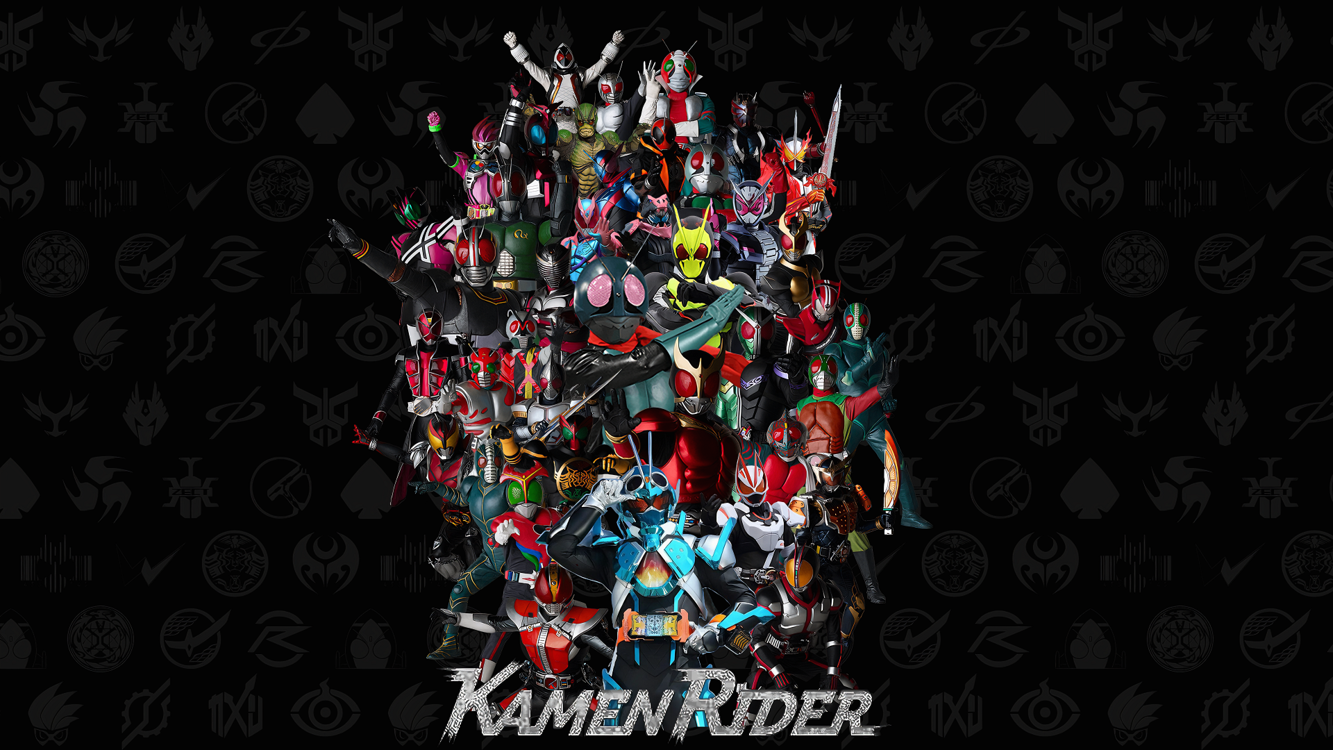 A vibrant 4K Ultra HD anime-style wallpaper showcasing a striking group of Kamen Rider characters assembled dynamically against a dark background.