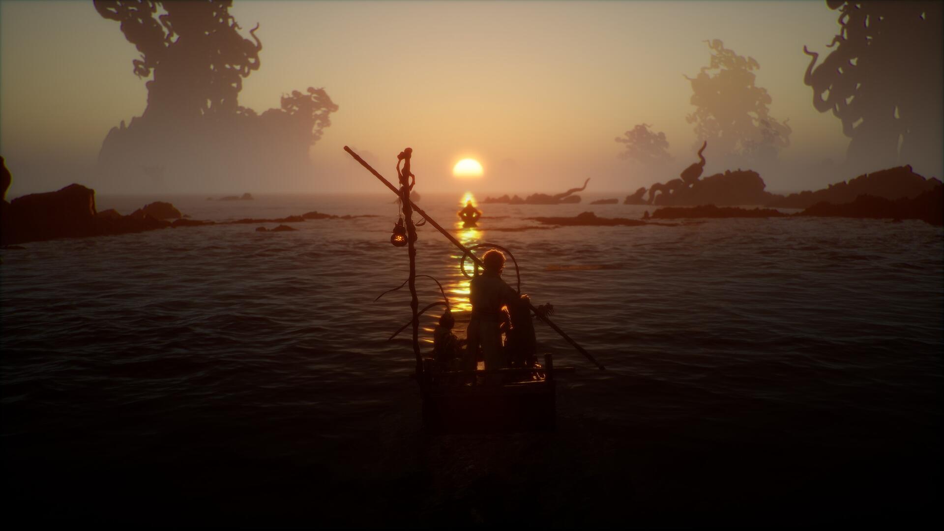 HD PC desktop wallpaper from the video game Black Myth: Wukong, featuring a silhouetted figure on a boat against a glowing sunset over misty waters.