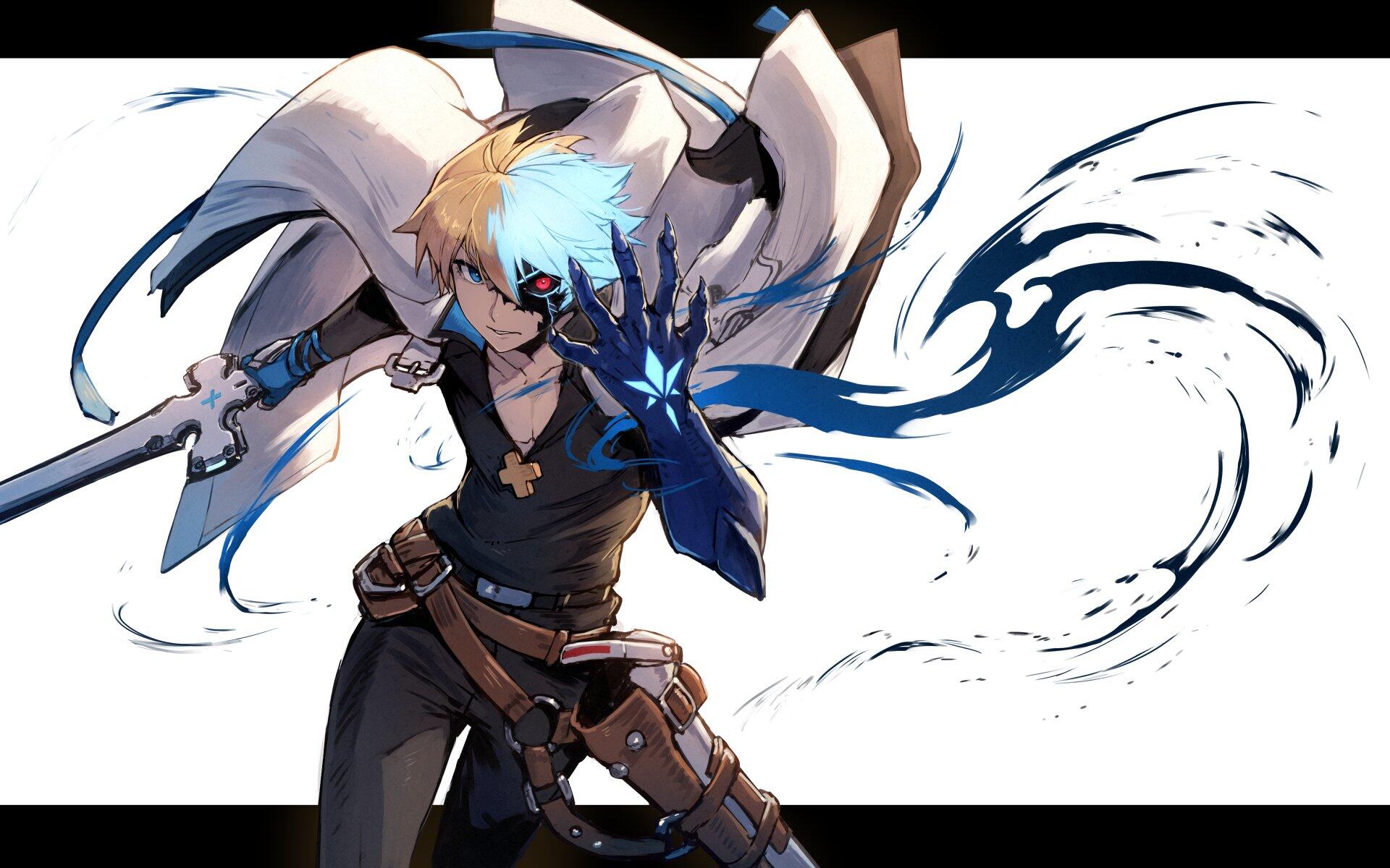 Dynamic HD wallpaper featuring Ky Kiske from the video game Guilty Gear, showcasing his striking pose and vibrant blue accents against a minimalist background.