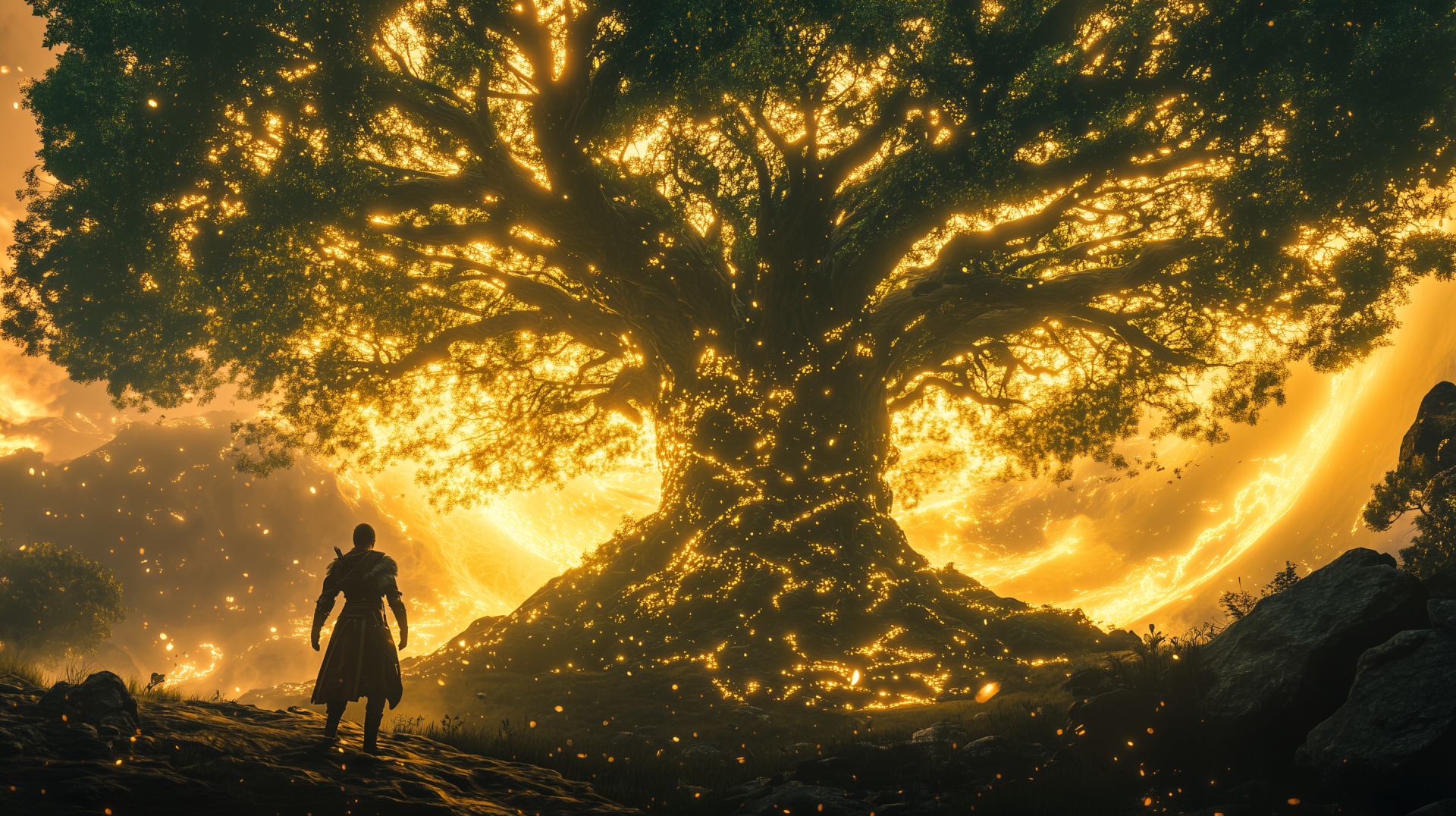 A stunning fantasy depiction of Yggdrasil, the world tree, illuminated by a radiant glow. A solitary figure stands before its majestic branches, creating an enchanting atmosphere for your desktop.