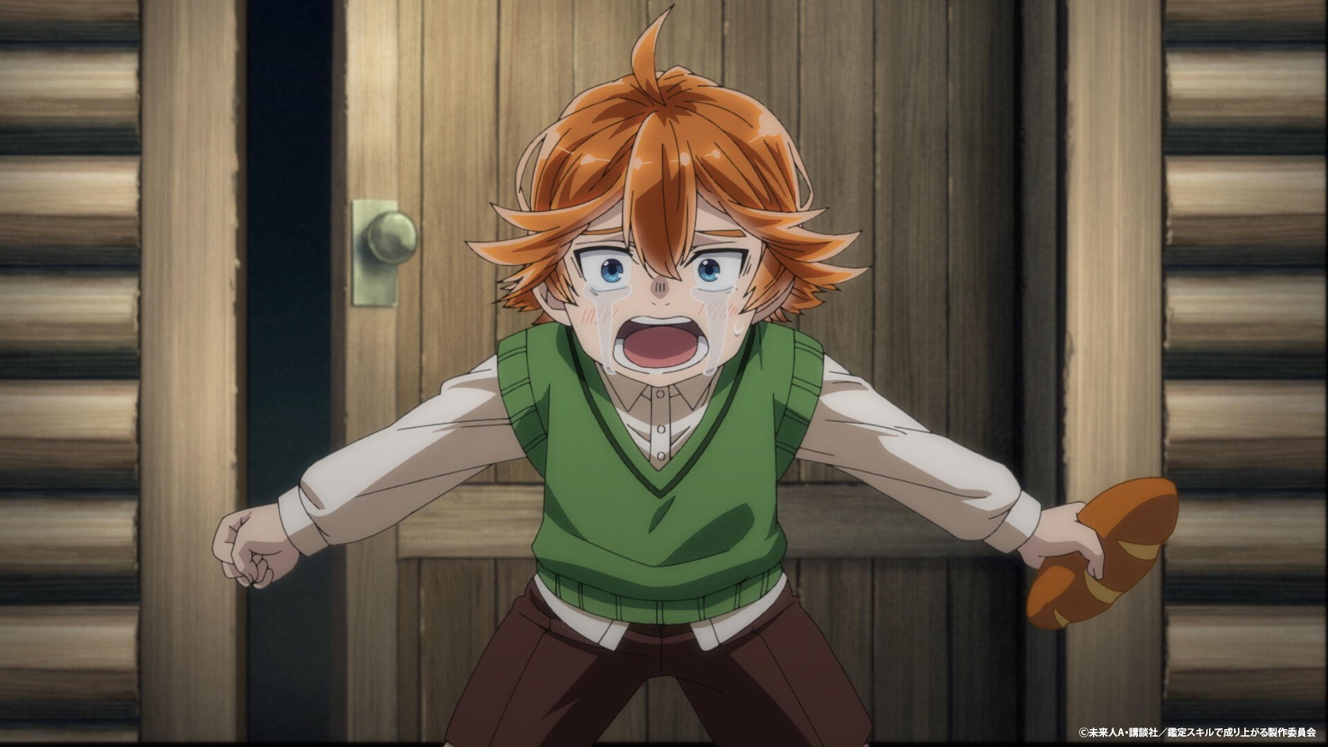 A young animated character with orange hair, wearing a green vest, shouts passionately in front of a door, inspired by As a Reincarnated Aristocrat I’ll Use My Appraisal Skill to Rise in the World.