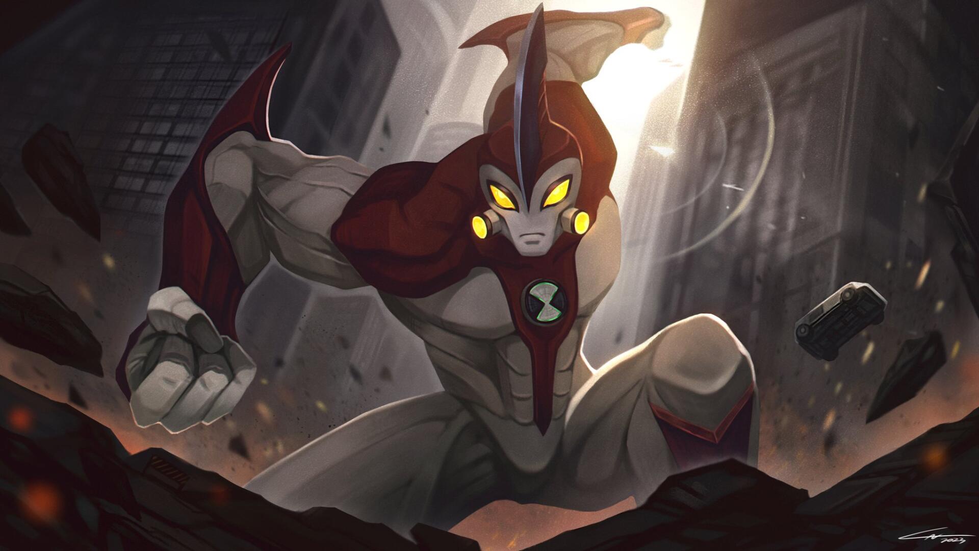 HD Ben 10 desktop wallpaper: red-and-white alien with glowing yellow eyes and Omnitrix insignia bursting through rubble, representing Ben 10, Alien Force, Ultimate Alien, Omniverse, 2016.