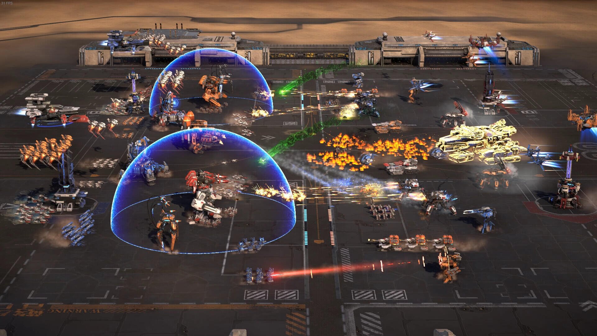 An action-packed HD wallpaper from Mechabellum, showcasing intense robot battles with vibrant lasers, explosions, and strategic formations on a futuristic battlefield.