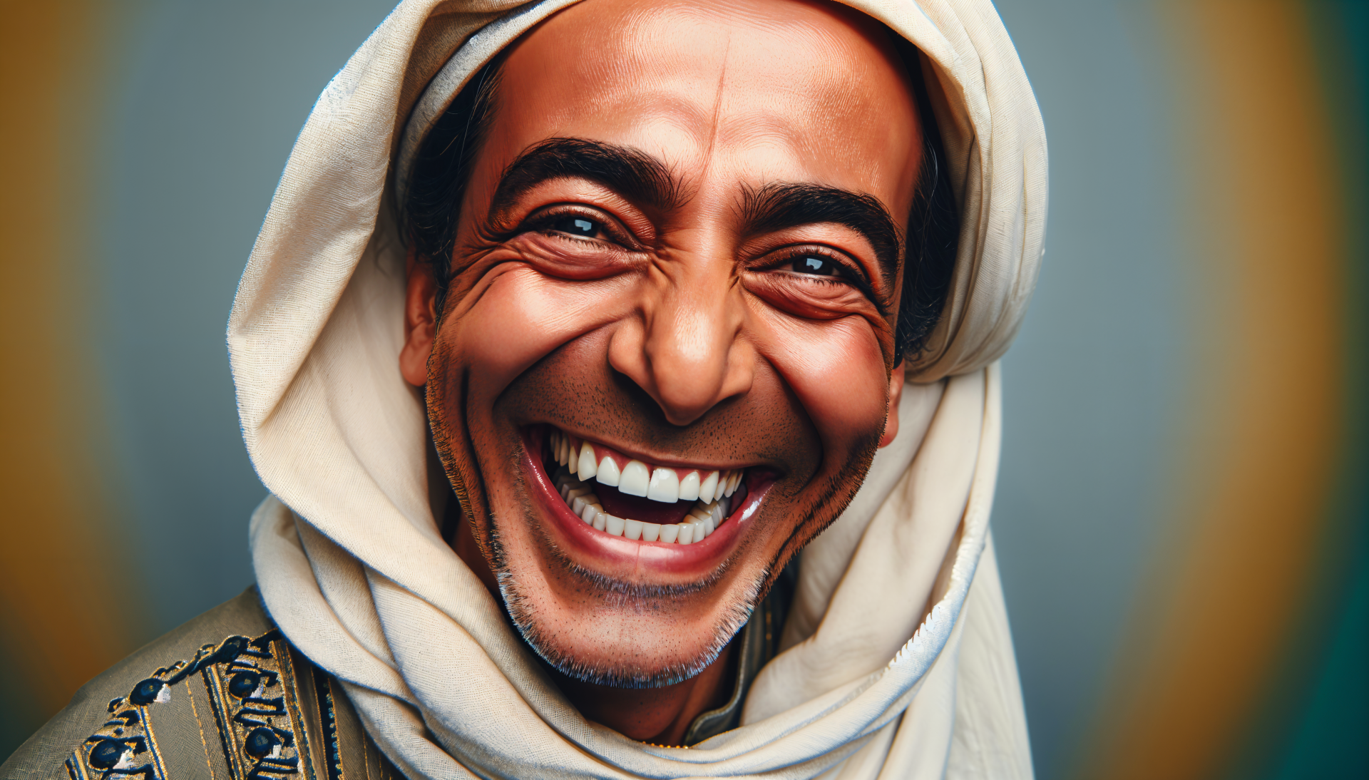 A joyful man in traditional attire smiles broadly in this vibrant 4K Ultra HD PC desktop wallpaper, capturing warmth and happiness against a soft background.