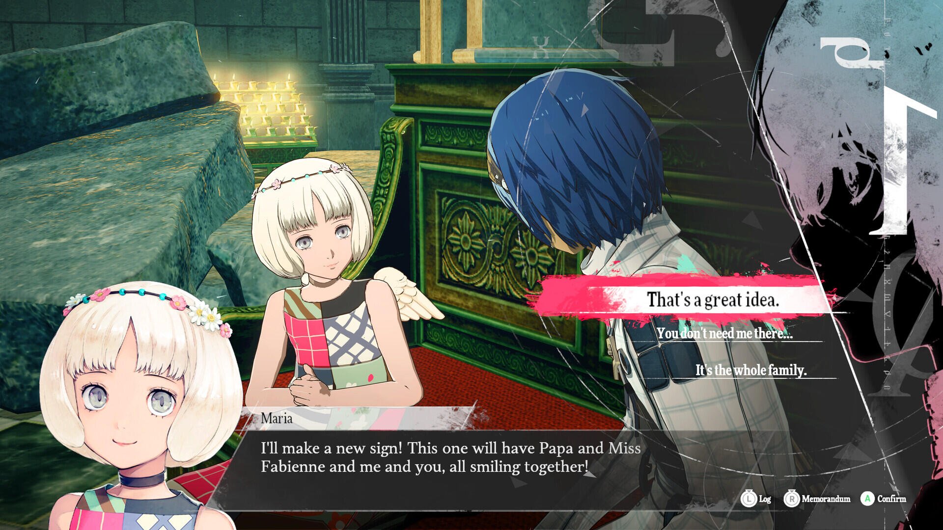 A vibrant scene from Metaphor: ReFantazio features two characters in a rich environment, discussing a heartfelt idea while showcasing the game's unique art style and narrative depth.