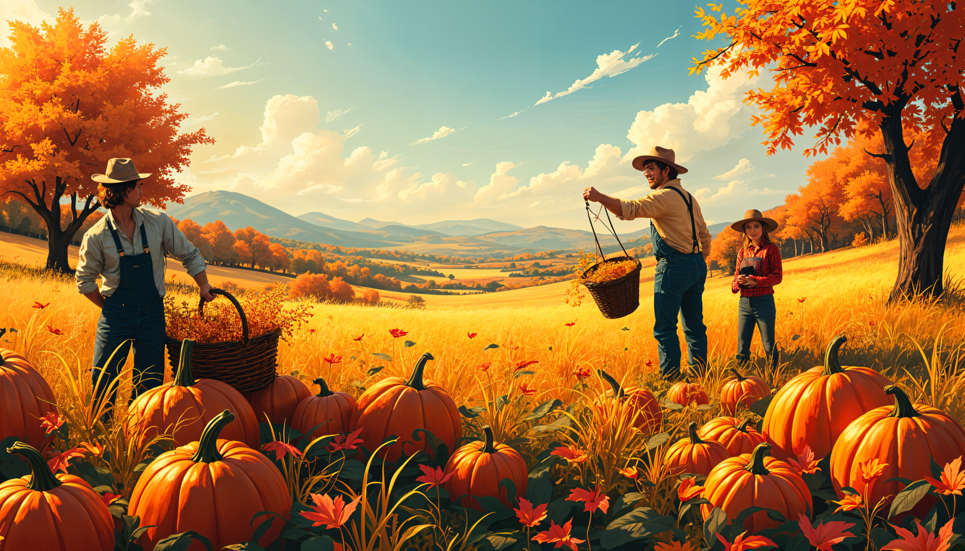 A vibrant autumn landscape featuring two farmers harvesting pumpkins amidst colorful fall foliage, set against rolling hills and a clear blue sky. 4K Ultra HD desktop wallpaper.