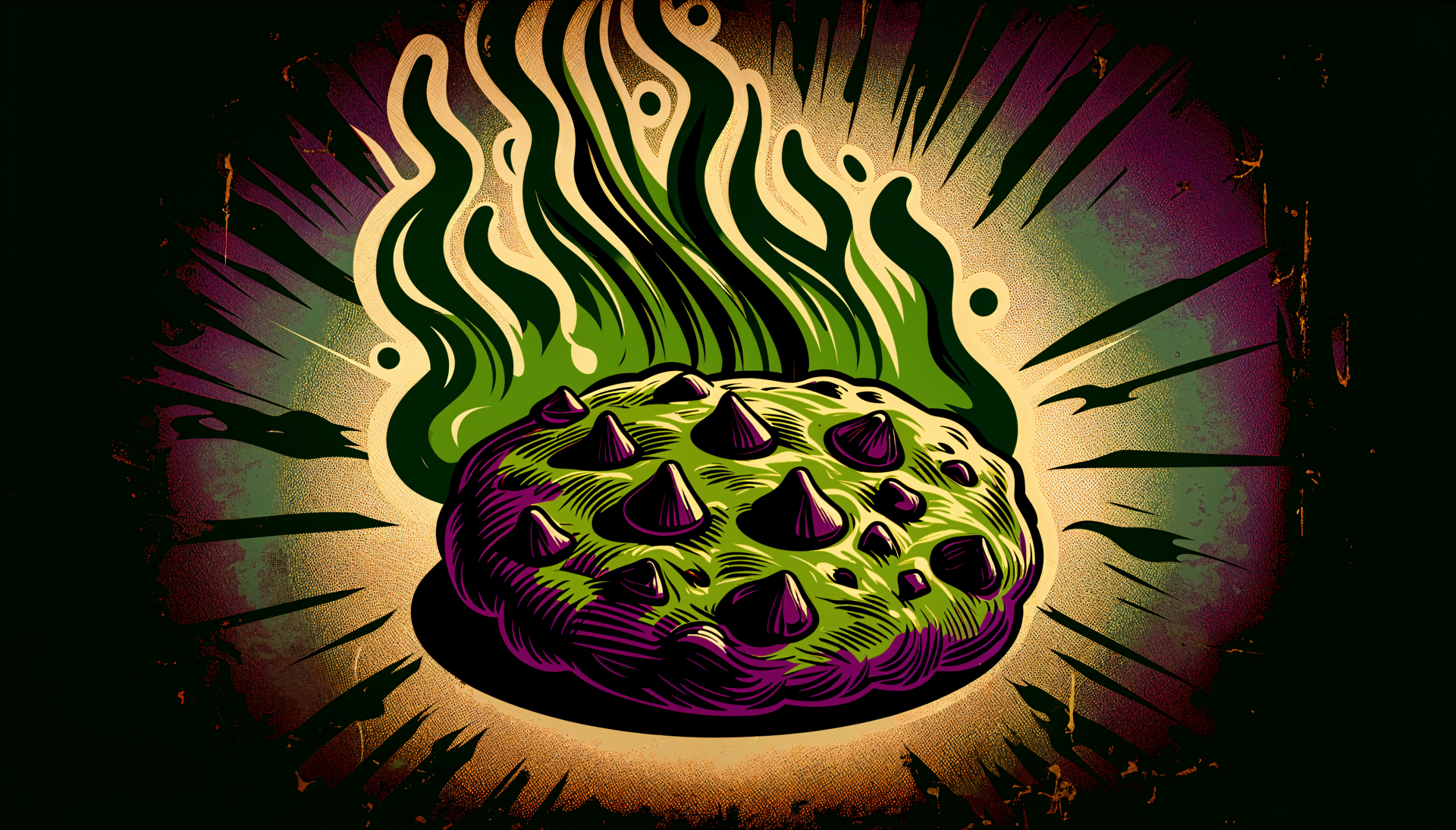 A stylized illustration of a chocolate chip cookie with vibrant green flames, set against a dynamic background, making it an eye-catching 4K Ultra HD wallpaper for PC desktops.