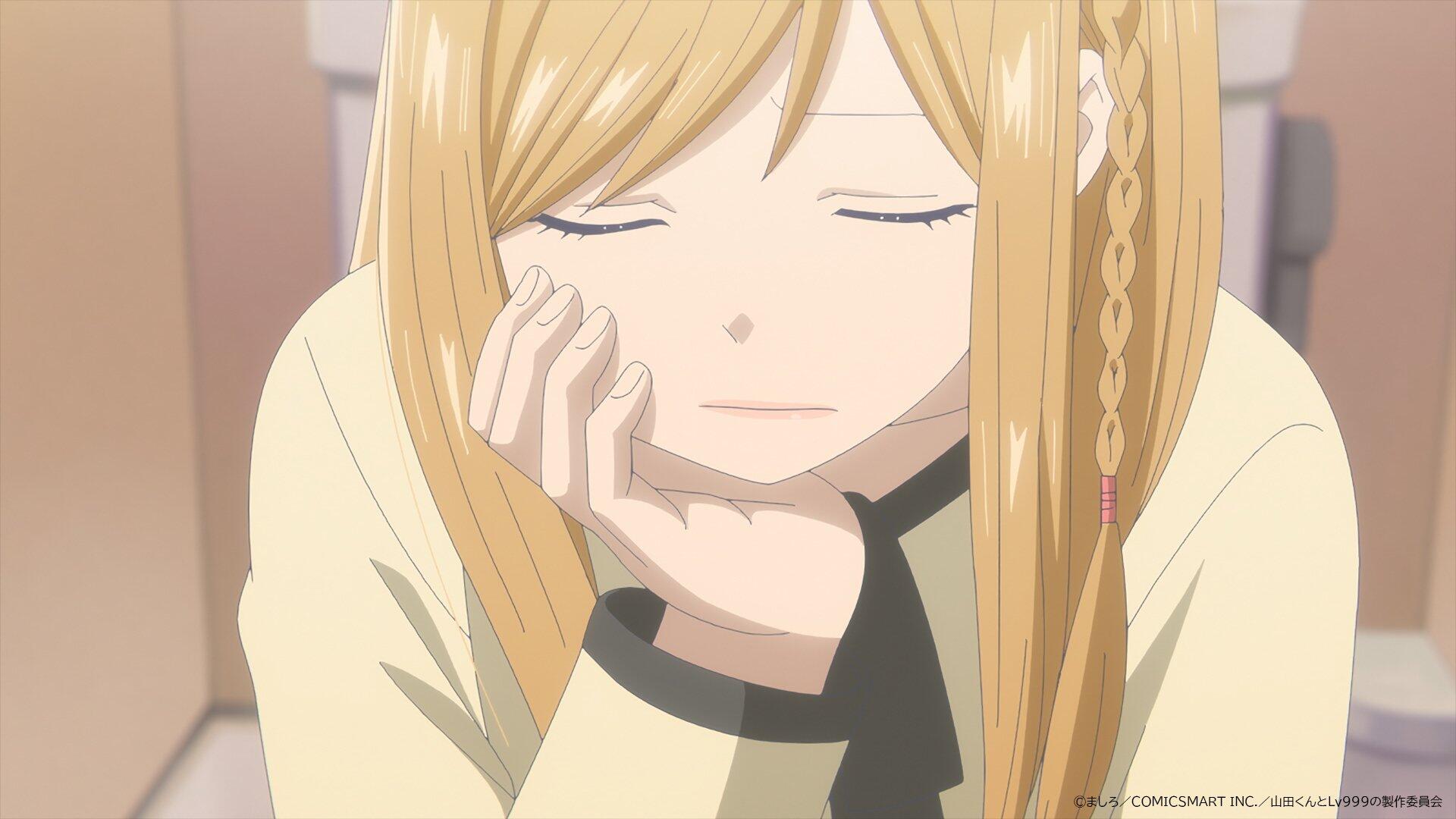 A serene scene from the anime My Love Story With Yamada-kun at Lv999, featuring a young woman with long blonde hair, resting her chin on her hand, conveying a contemplative mood.