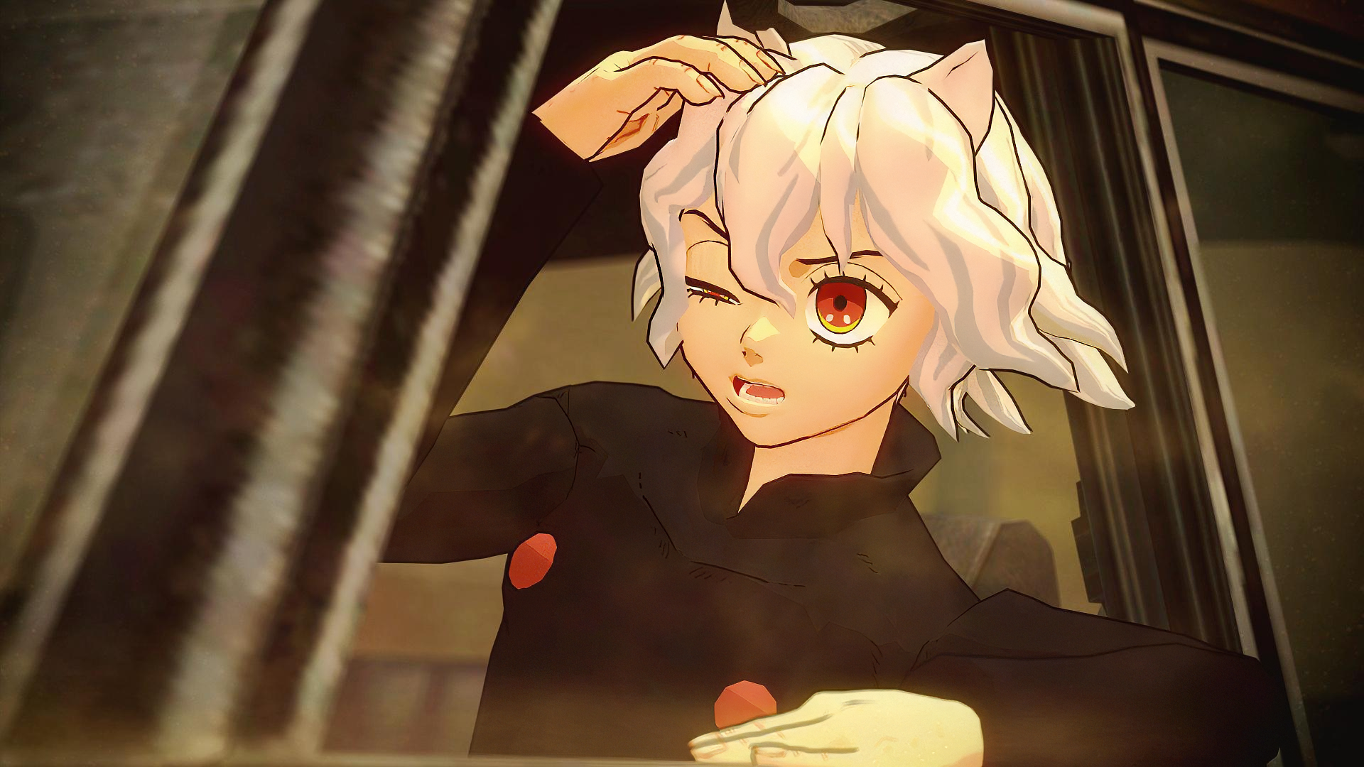 HD desktop wallpaper featuring Neferpitou from Hunter x Hunter, showcasing the character with distinctive white hair and striking red eyes, framed against a dynamic background.