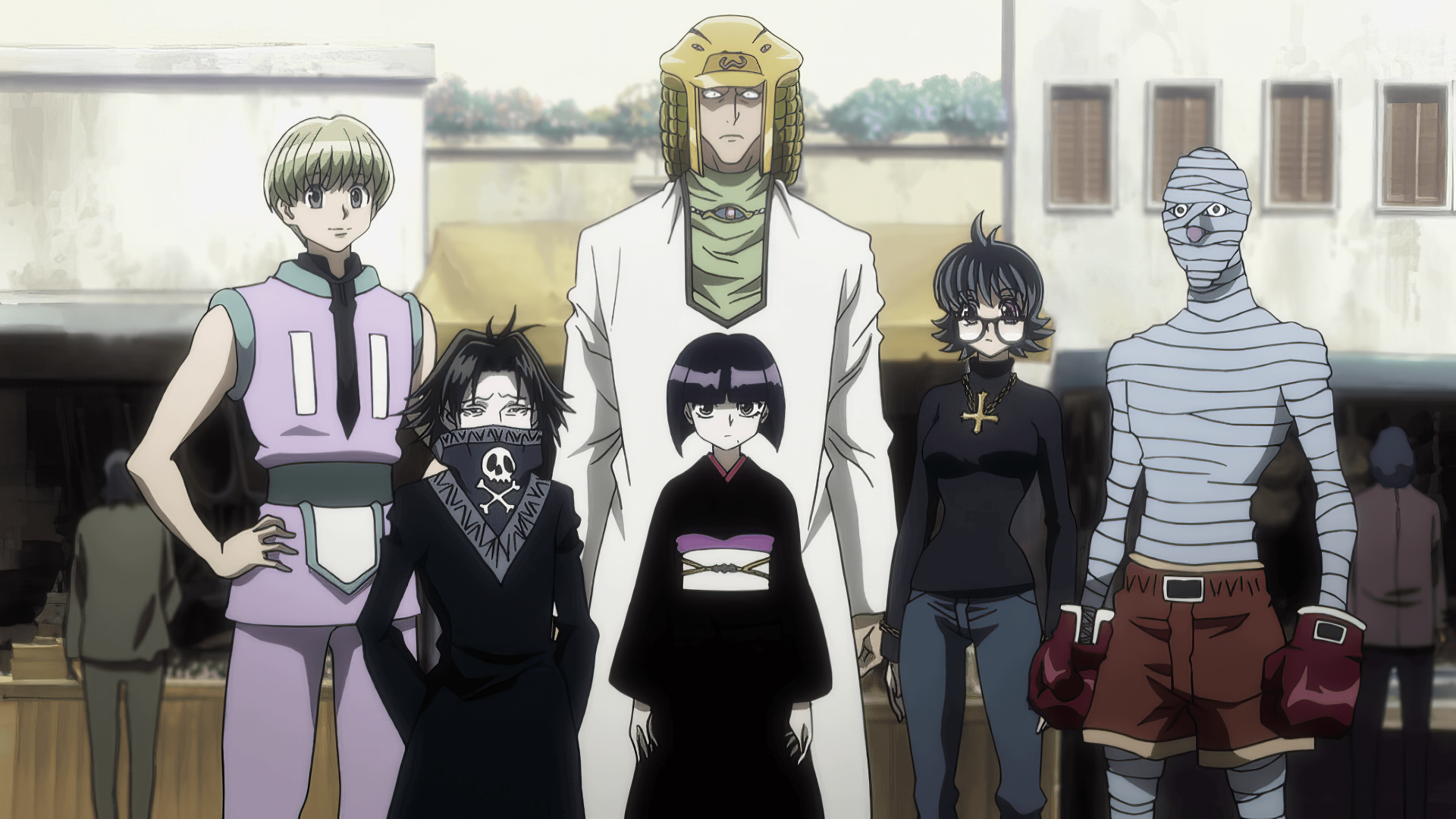 Group of characters from Hunter x Hunter: Shizuku Murasaki, Bonolenov Ndongo, and Phinks Magcub, featuring members of the Phantom Troupe in an HD wallpaper background.