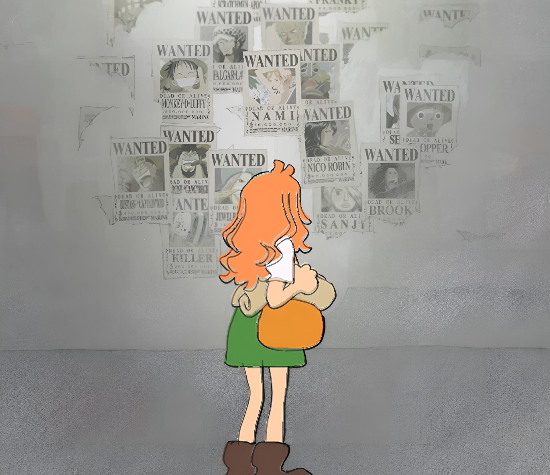HD anime desktop wallpaper featuring a One Piece fan letter scene with a character looking at multiple wanted posters from the One Piece series.