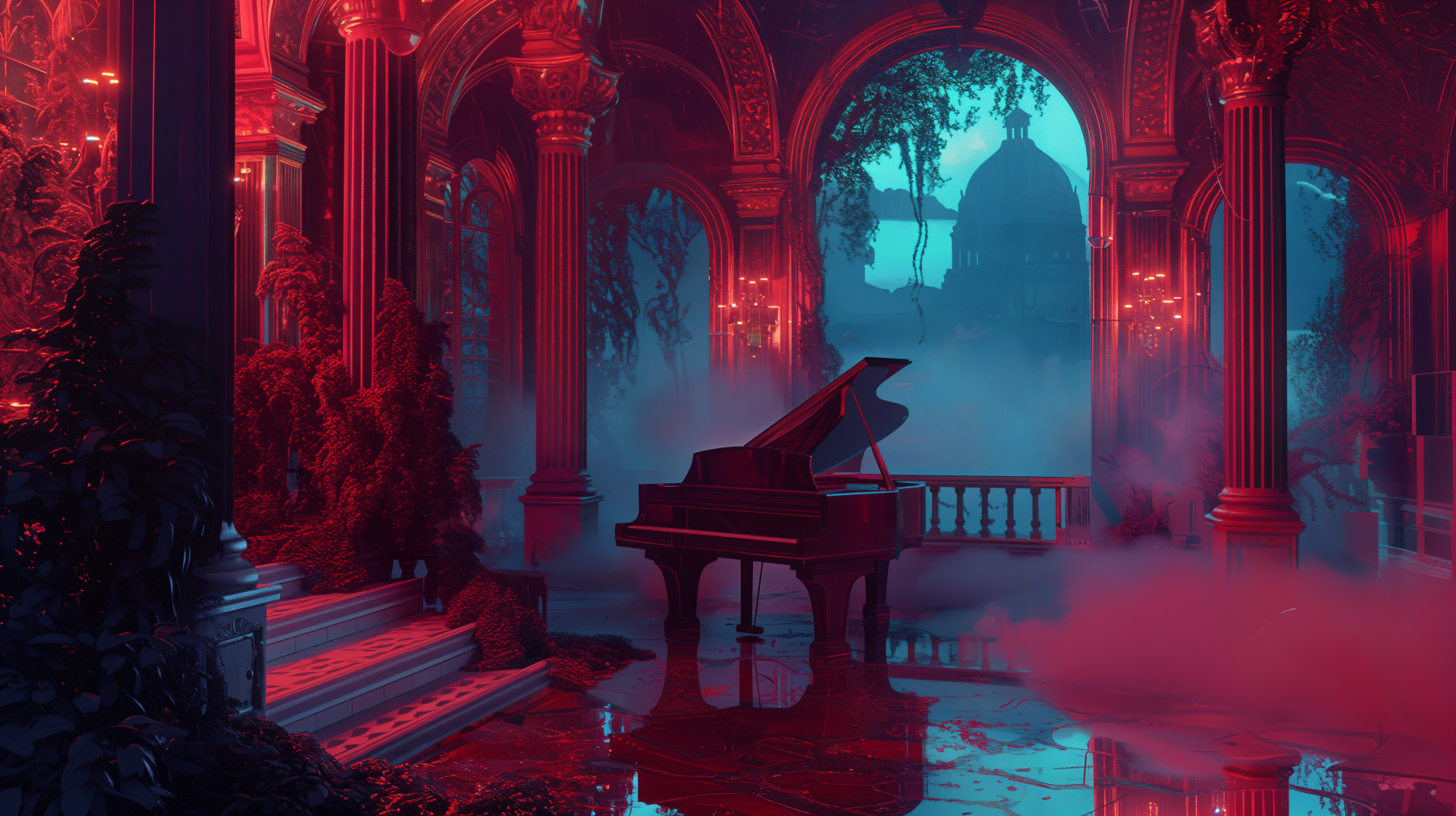 A serene 4K Ultra HD wallpaper featuring a grand piano nestled in an atmospheric, misty environment with vibrant colors and ornate architectural details, evoking a chill lofi vibe.