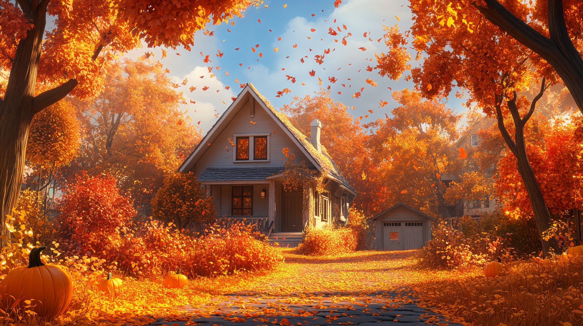 A cozy house surrounded by vibrant autumn foliage, with a path covered in orange leaves, capturing the essence of fall weather in a stunning 4K Ultra HD desktop wallpaper.