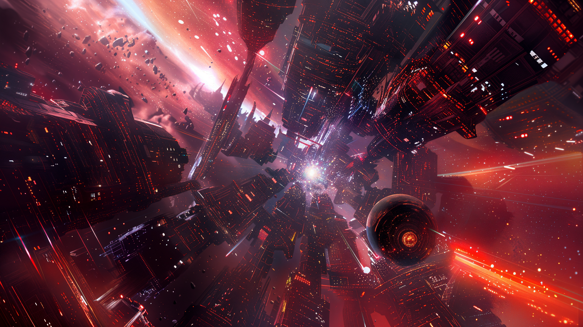 Futuristic sci-fi megastructure set in a vibrant galaxy, surrounded by glowing stars and cosmic debris, rendered in stunning 4K Ultra HD for a space opera atmosphere.