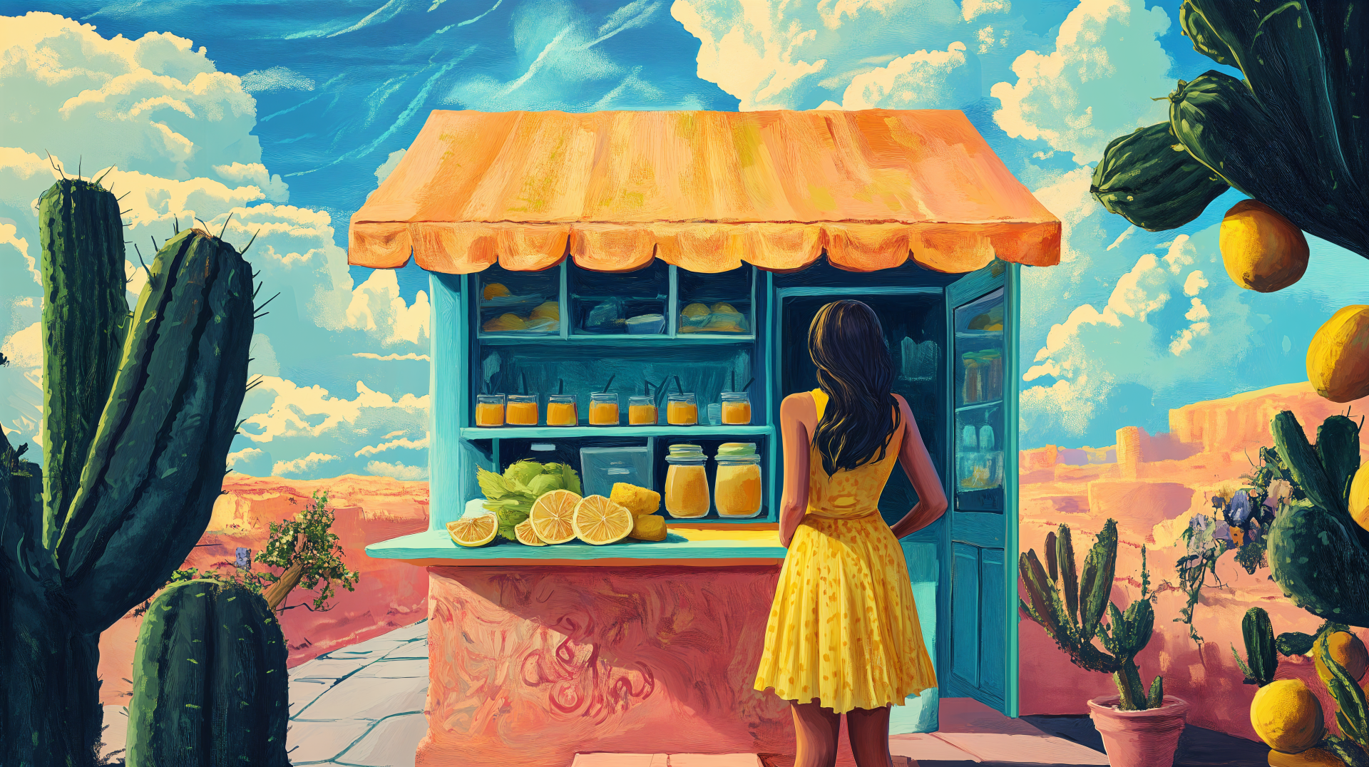 A woman in a yellow dress stands at a vibrant lemonade stand, surrounded by cacti and a picturesque desert landscape under a bright blue sky. 4K Ultra HD wallpaper.