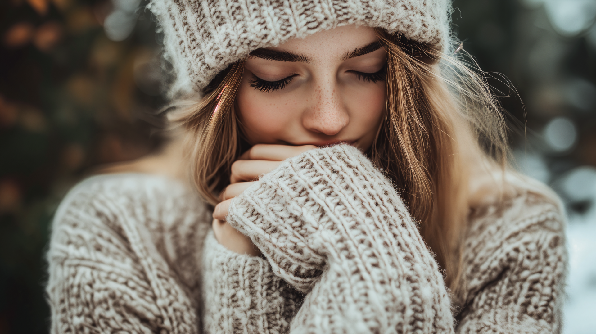 A woman in a cozy sweater and knit hat gently hugs her hands, embodying warmth and serenity. This 4K Ultra HD image serves as an inviting desktop wallpaper and background.