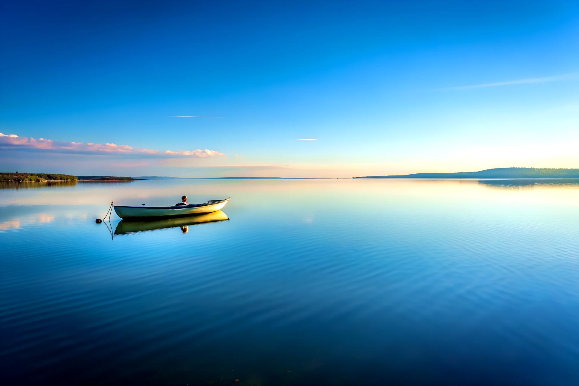 Tranquil Lake with a Blank Horizon and a Small Floating Alone, Reflecting the Serenity of the by soheltanwar