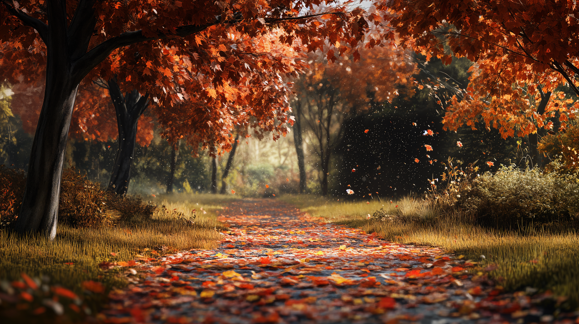 A serene autumn path lined with vibrant red and orange leaves, capturing the essence of fall weather in stunning 4K Ultra HD.