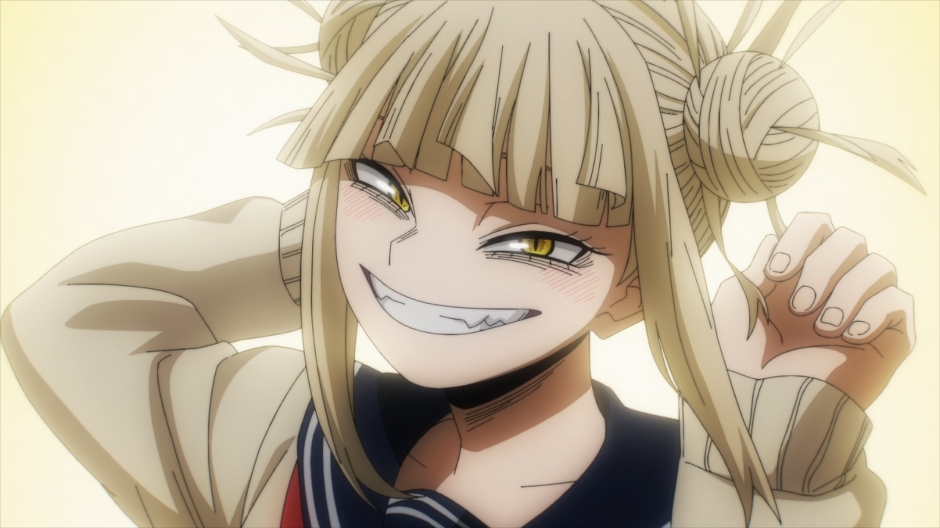 HD anime desktop wallpaper featuring Himiko Toga from My Hero Academia with a mischievous smile and distinct blonde hair styled in buns.