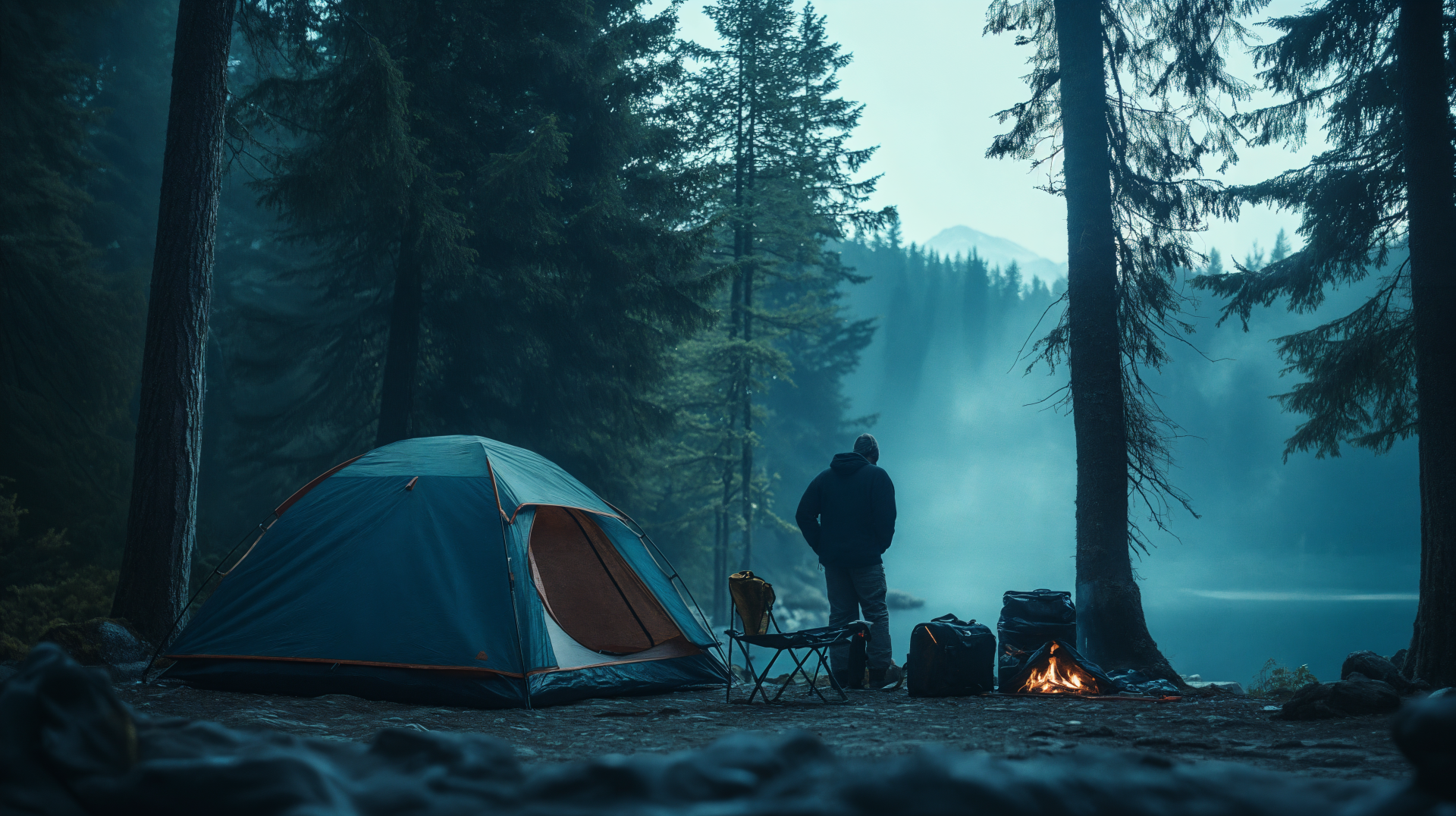 A person stands by a campfire next to a tent among tall trees in a misty forest, captured in 4K Ultra HD for a PC desktop wallpaper.
