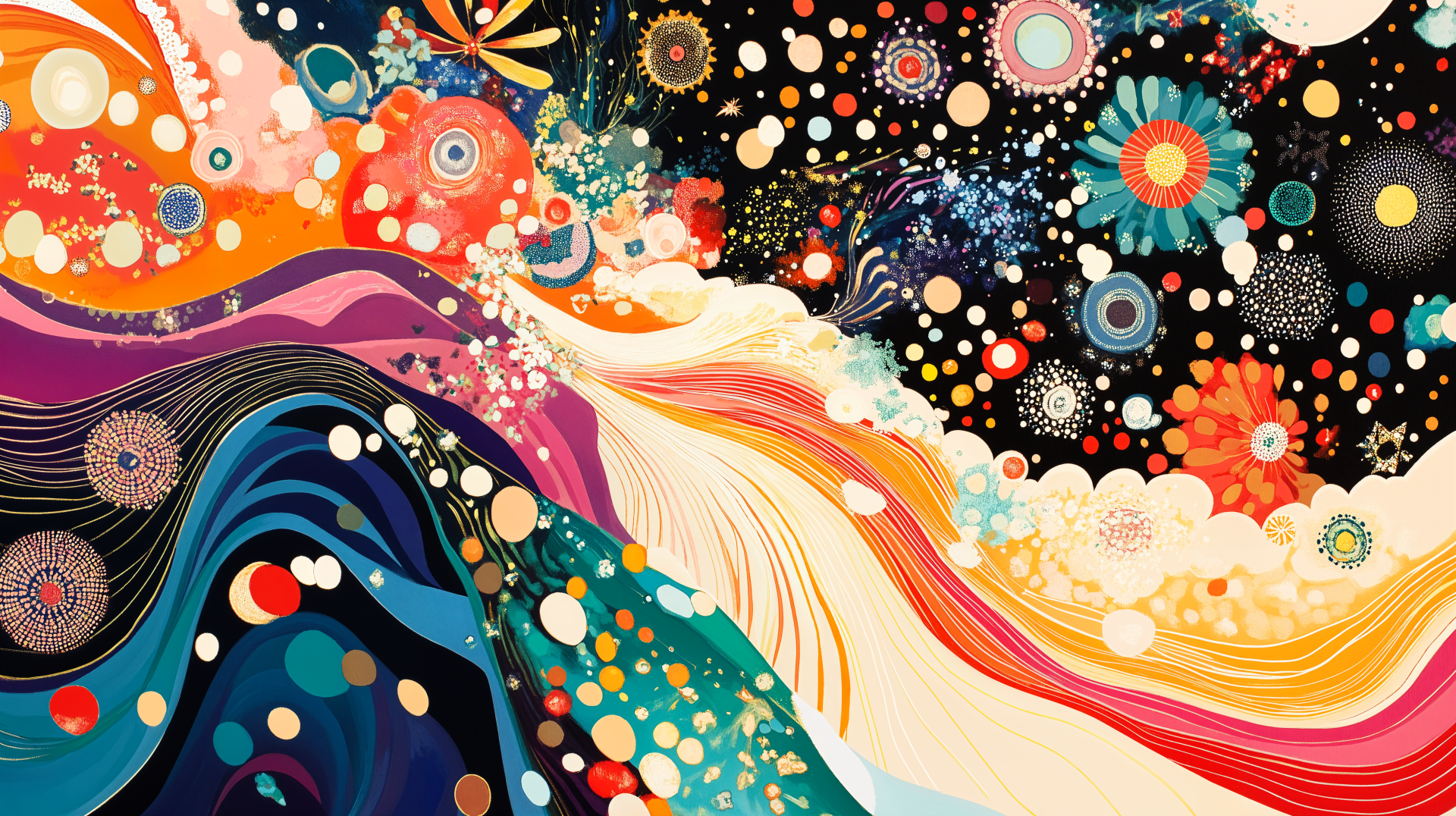 A vibrant, colorful artistic composition featuring swirling patterns, dots, and flowers against a dark background, designed as a striking 4K Ultra HD PC desktop wallpaper.