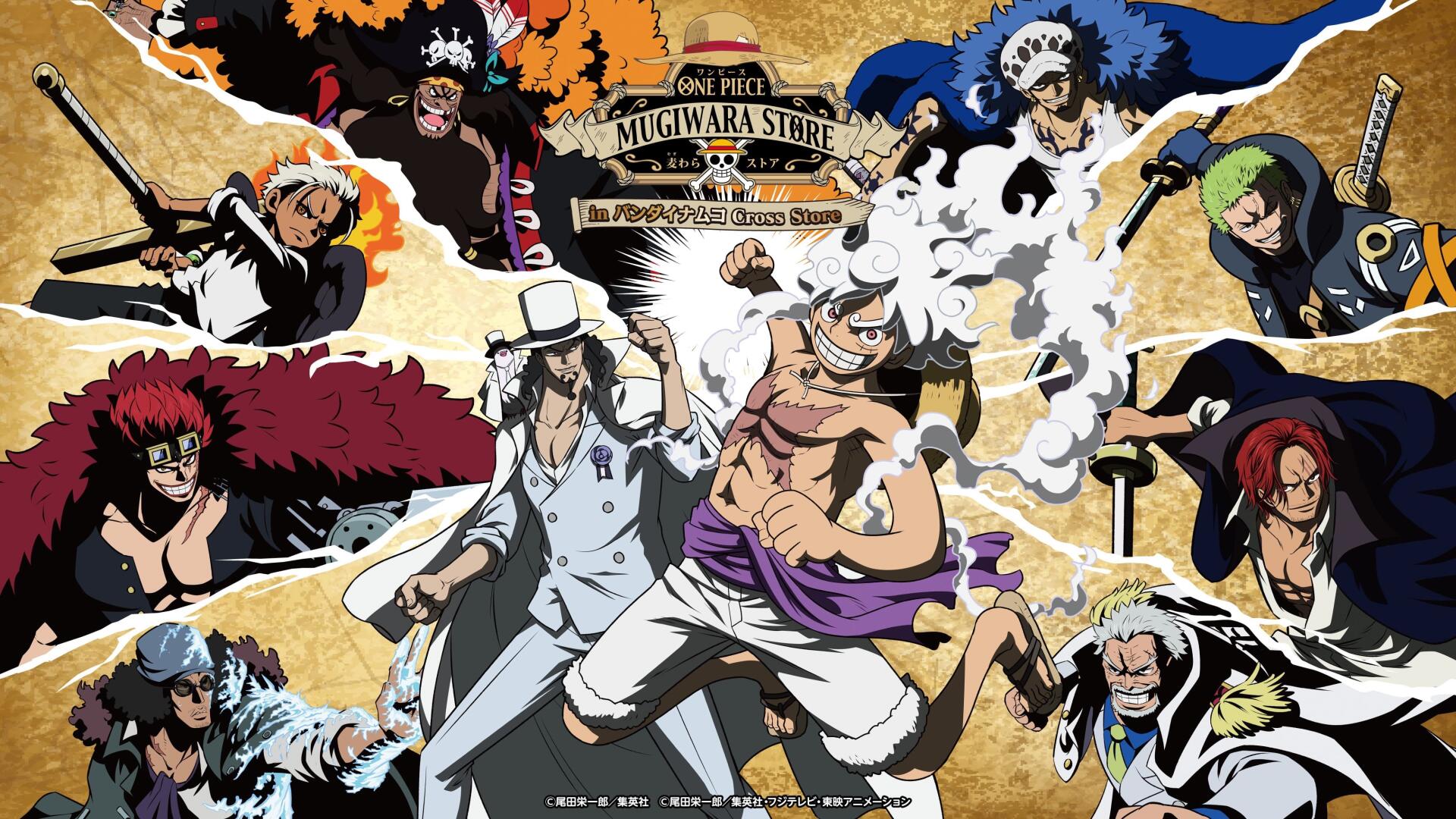 4K Ultra HD One Piece anime desktop wallpaper showing Monkey D. Luffy in Gear 5 at center, surrounded by Straw Hat crew in dynamic poses.