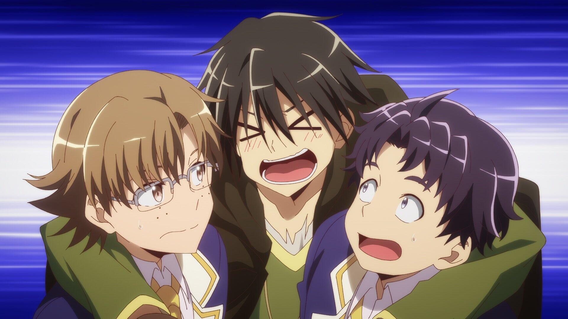 Anime HD desktop wallpaper from Loner Life in Another World, featuring three cheerful characters against a dynamic blue background.