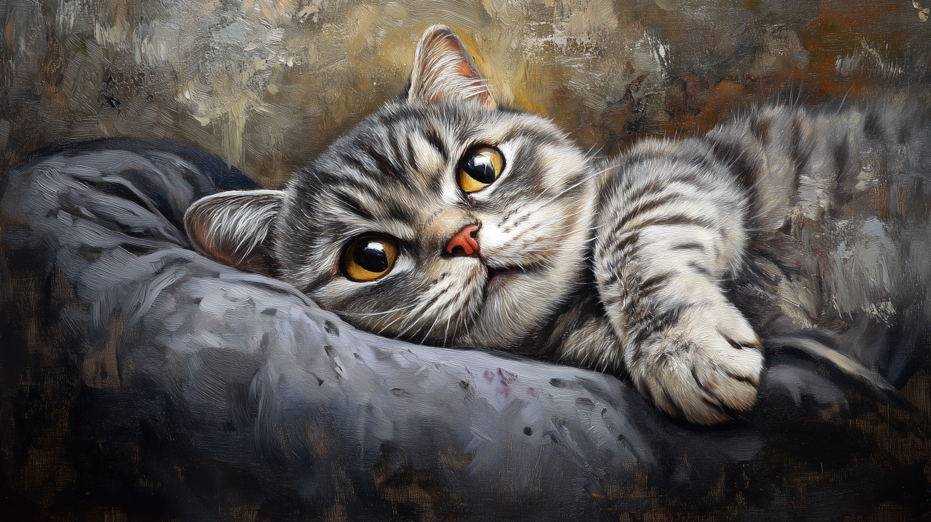 A charming Scottish Fold cat lounges on a soft surface, showcasing its round, expressive eyes and distinctive ear shape. This high-definition image serves as a vibrant desktop wallpaper.