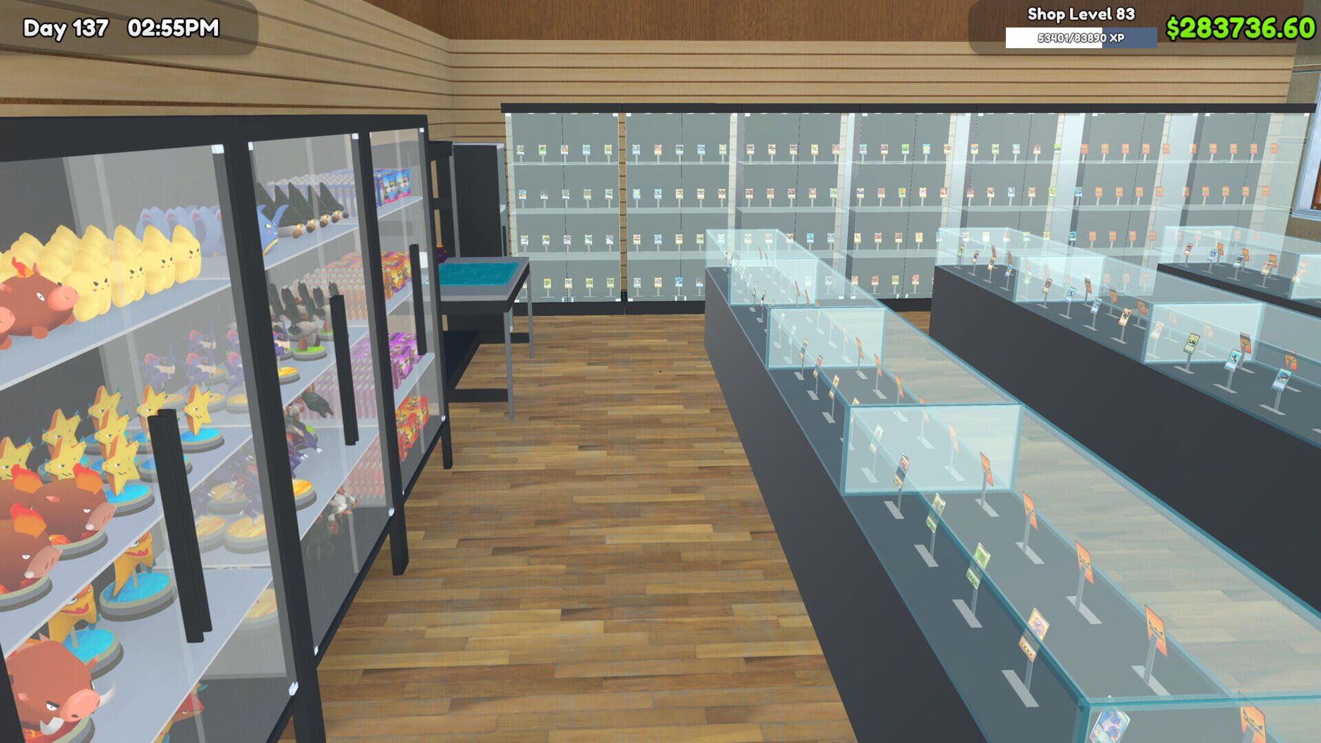 A vibrant HD wallpaper featuring a virtual card shop from the TCG Card Shop Simulator, showcasing colorful displays and organized counters in a cozy gaming environment.