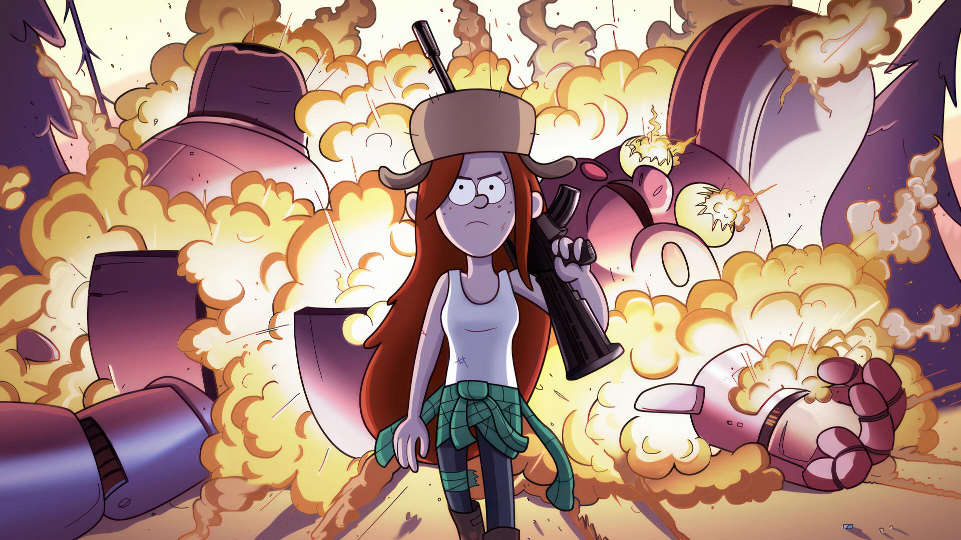 Wendy Corduroy from the TV show Gravity Falls strides confidently through an explosion, ready for action in this vibrant 4K Ultra HD desktop wallpaper.