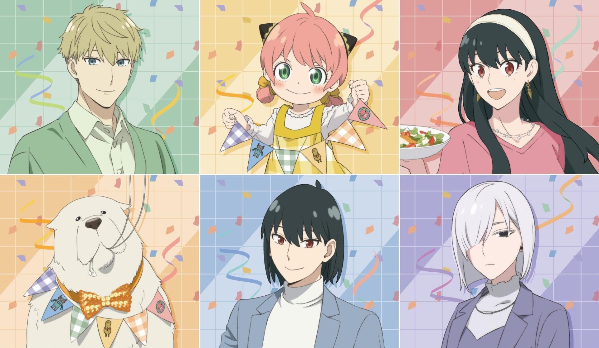 Anime HD PC desktop wallpaper featuring main characters from Spy x Family, each framed in colorful panels with festive confetti in the background.