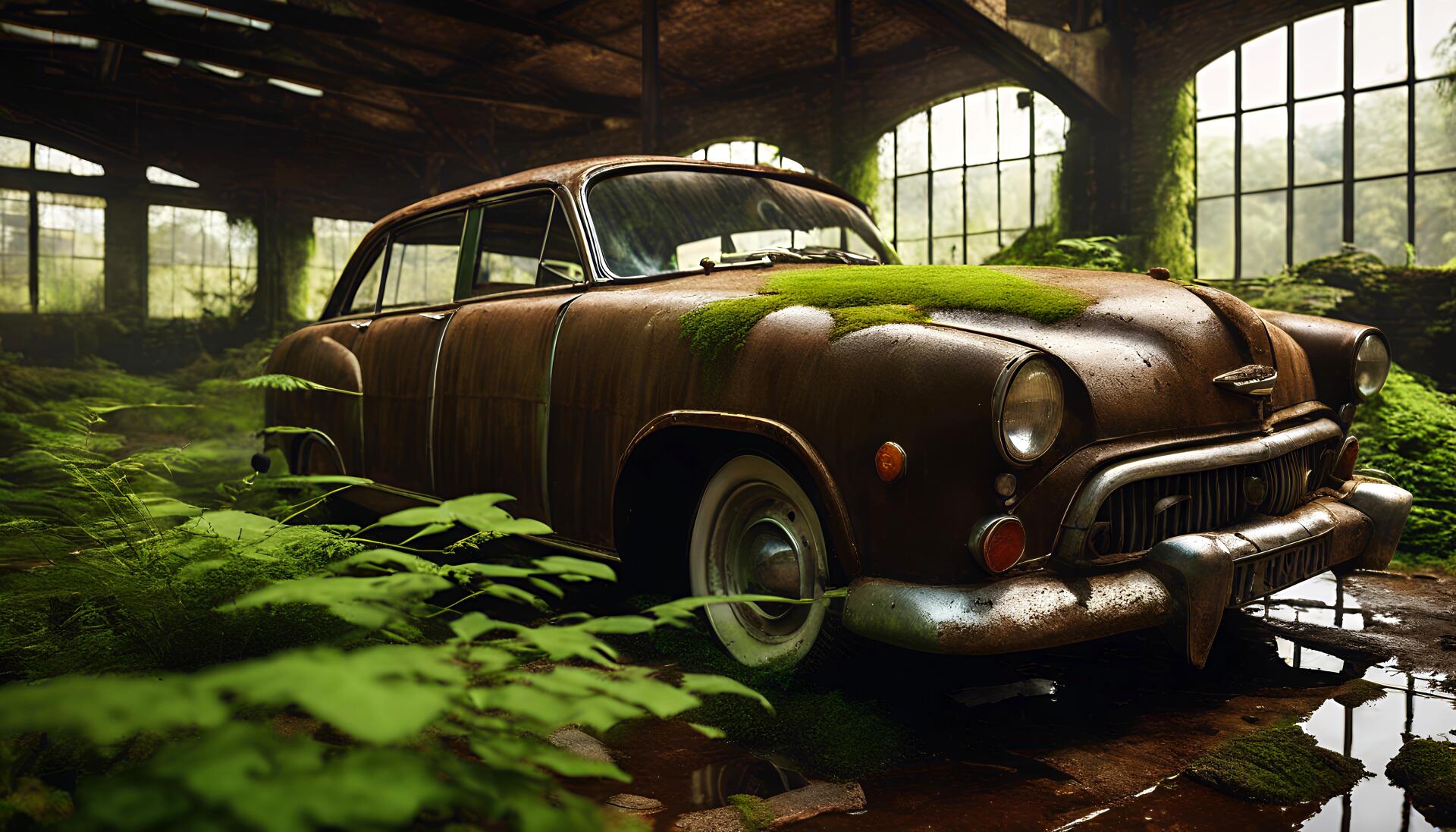 Rusty old car overtaken by moss and ferns inside an abandoned sunlit warehouse — 4K Ultra HD PC Desktop Wallpaper and Background.