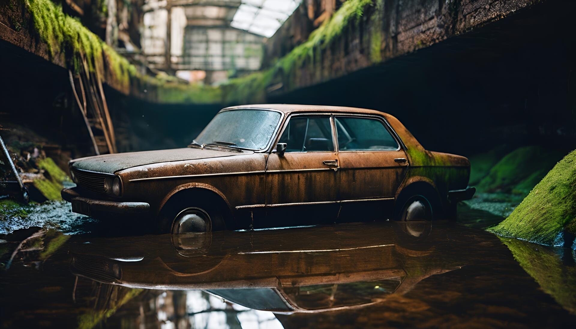 A rusted old car partially submerged in water inside an abandoned, overgrown building, captured in stunning 4K Ultra HD quality for PC desktop wallpaper.