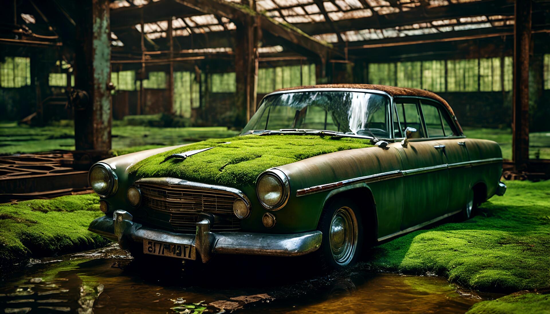 A vintage old car covered in moss sits abandoned inside a dilapidated building, rendered in stunning 4K Ultra HD for a striking desktop wallpaper and background.