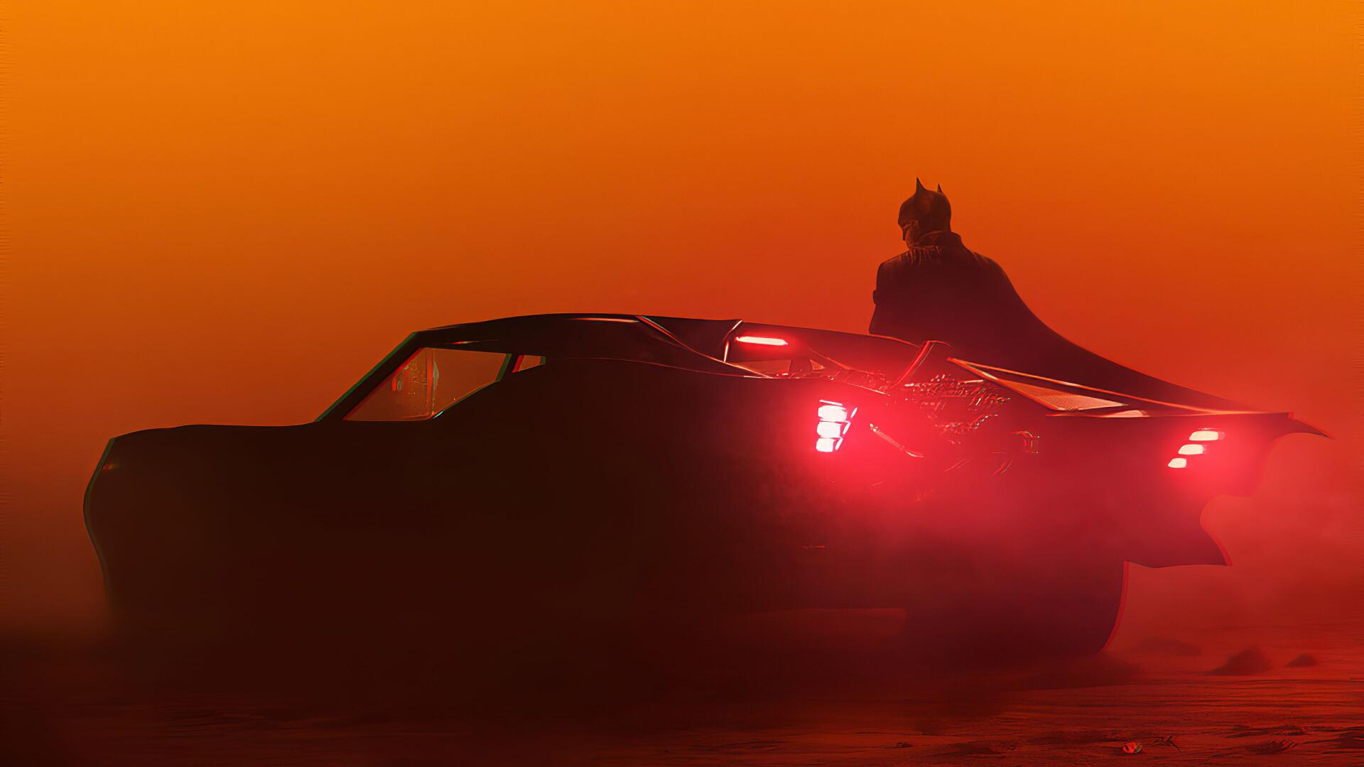 Silhouette of Batman standing near a sleek car with glowing taillights against a vibrant orange sky, captured in 4K Ultra HD for a dramatic PC desktop wallpaper.