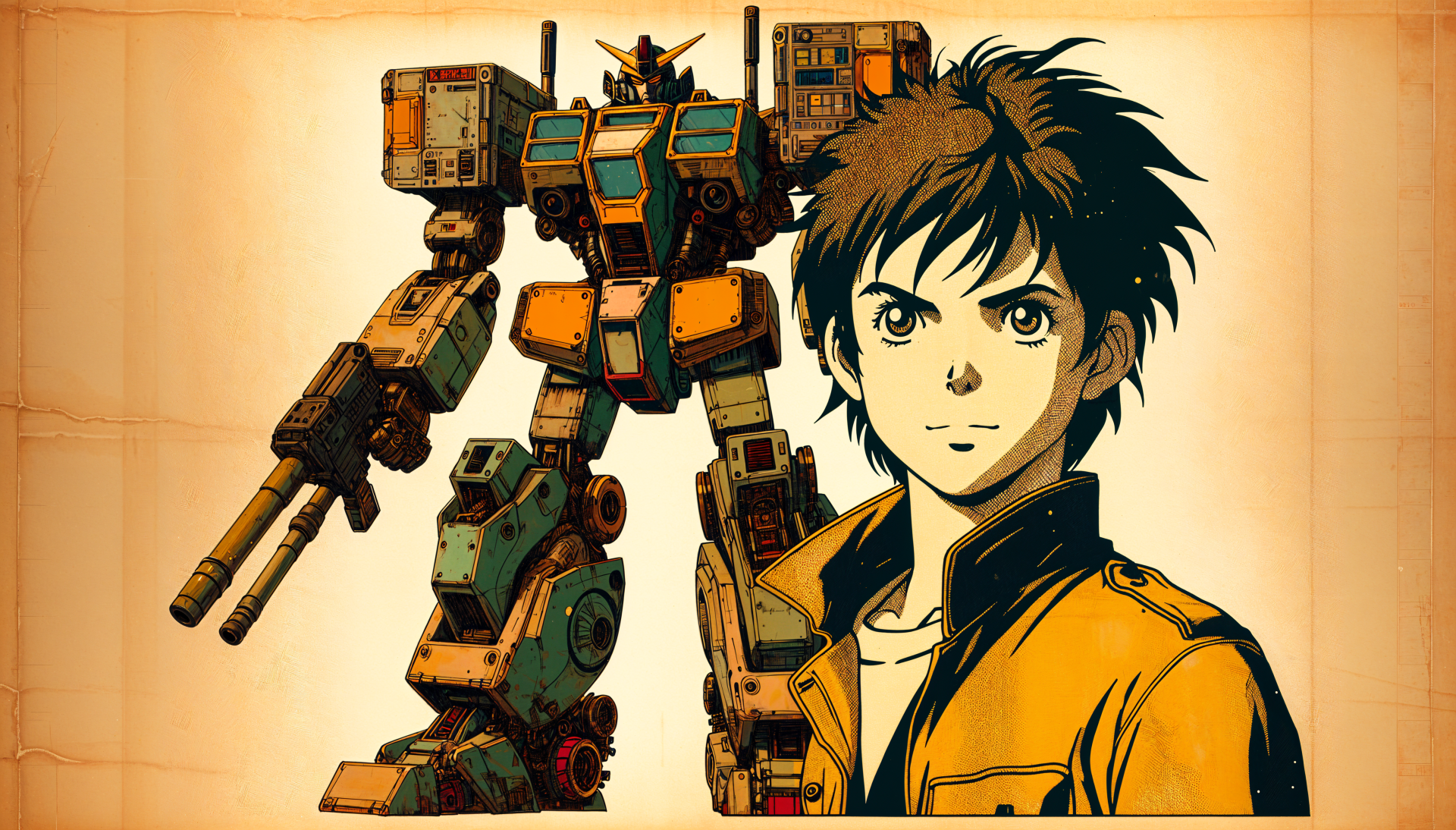 Anime boy stands confidently beside a detailed mecha in this stunning 4K Ultra HD PC desktop wallpaper, showcasing bold colors and dynamic artistry.