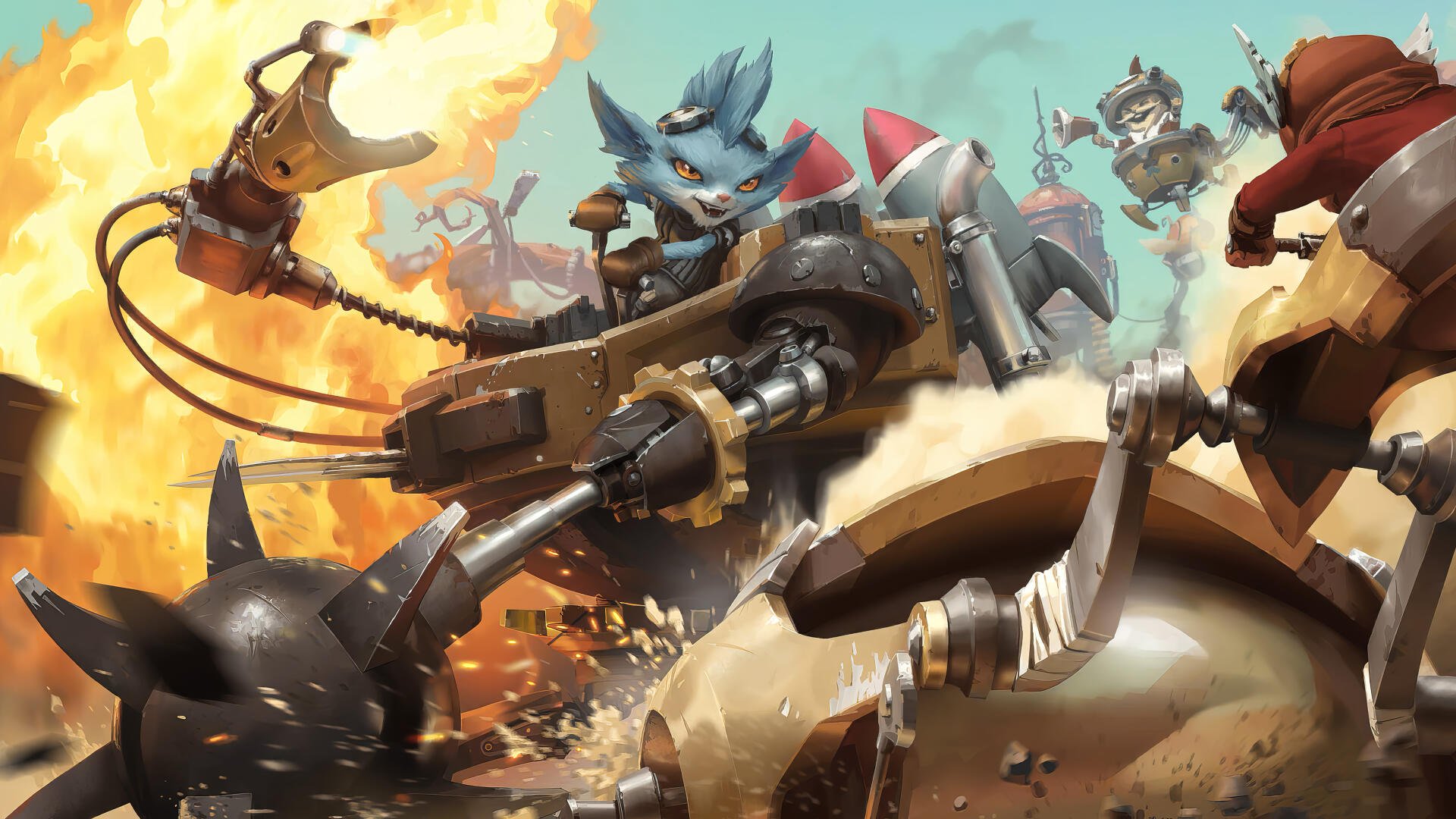 A dynamic 4K Ultra HD wallpaper featuring Rumble from League of Legends, showcasing intense action with robotic elements and fiery explosions, set in the vibrant world of Legends of Runeterra.