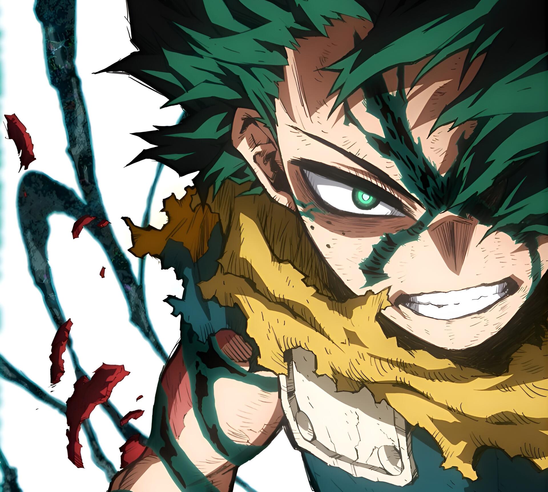 HD PC desktop wallpaper featuring Izuku Midoriya from the anime My Hero Academia, showcasing his determined expression and dynamic, action-packed style.
