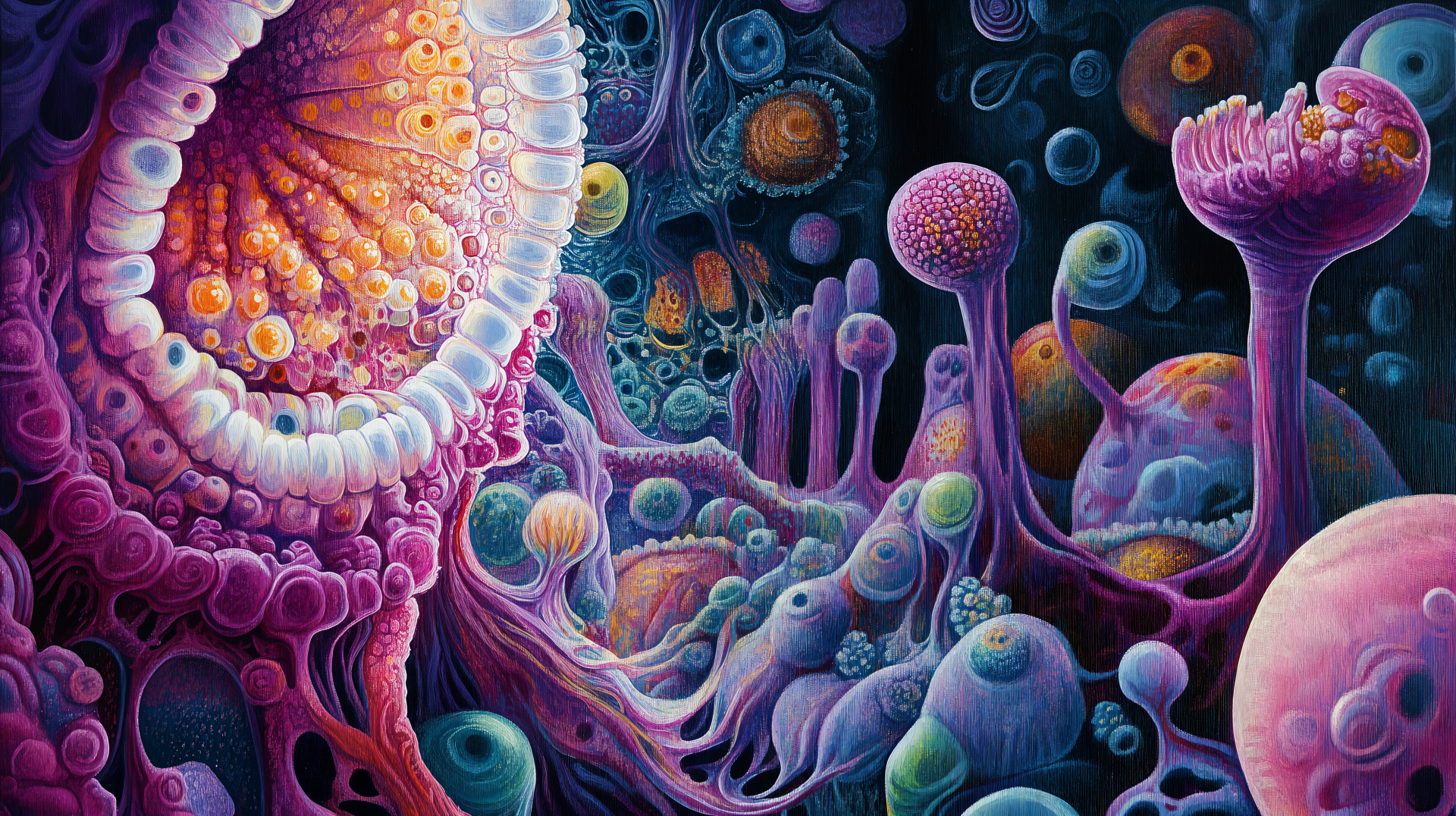 A stunning 4K Ultra HD desktop wallpaper showcasing a vibrant, intricate depiction of microbial life, featuring colorful structures and a detailed, otherworldly environment.