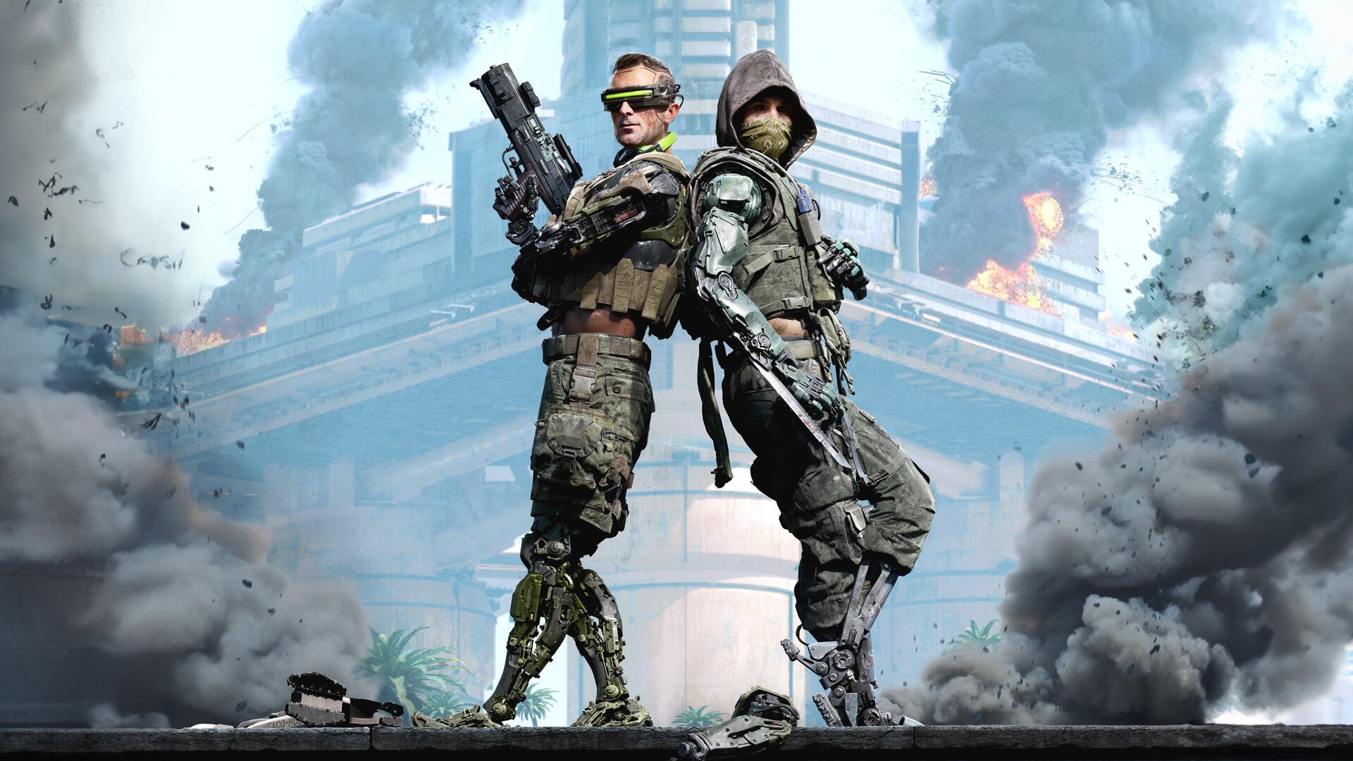 Dynamic scene from the video game Off The Grid, featuring two armed characters back-to-back amidst a smoky, explosive backdrop, presented as a 4K Ultra HD desktop wallpaper.