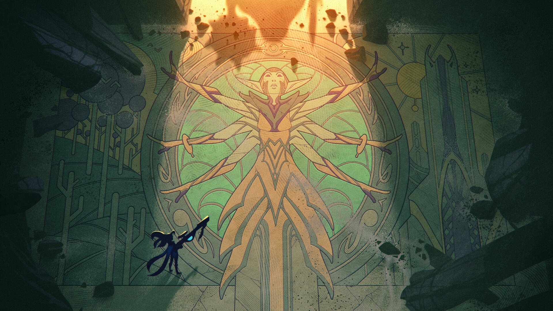 A HD PC desktop wallpaper from the video game Supervive, featuring a character standing before a majestic, intricate mural of an ethereal figure, surrounded by a dramatic, ruined landscape.