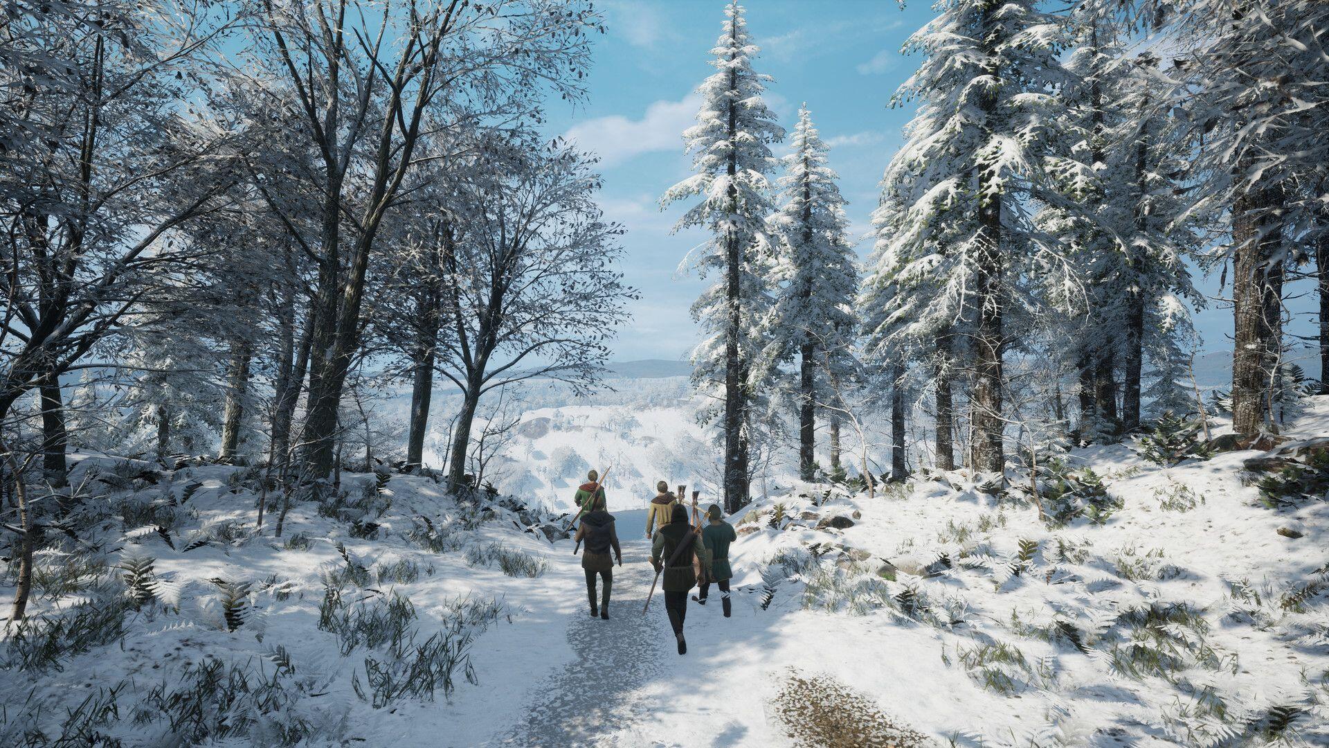 A serene winter landscape from the video game Medieval Dynasty, featuring travelers on a snowy path surrounded by tall trees under a bright blue sky.